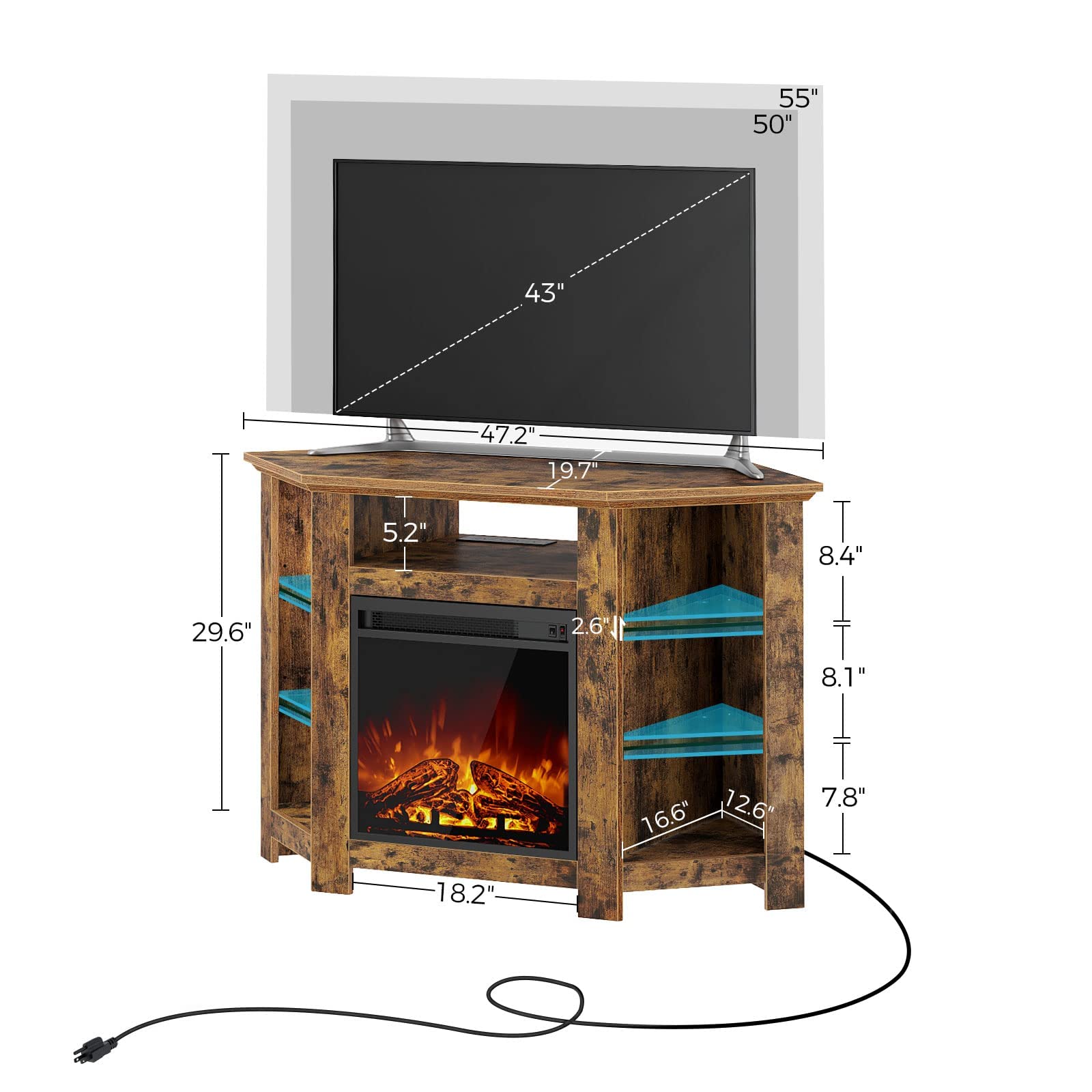 Rustic Brown Fireplace Corner TV Stand for 43