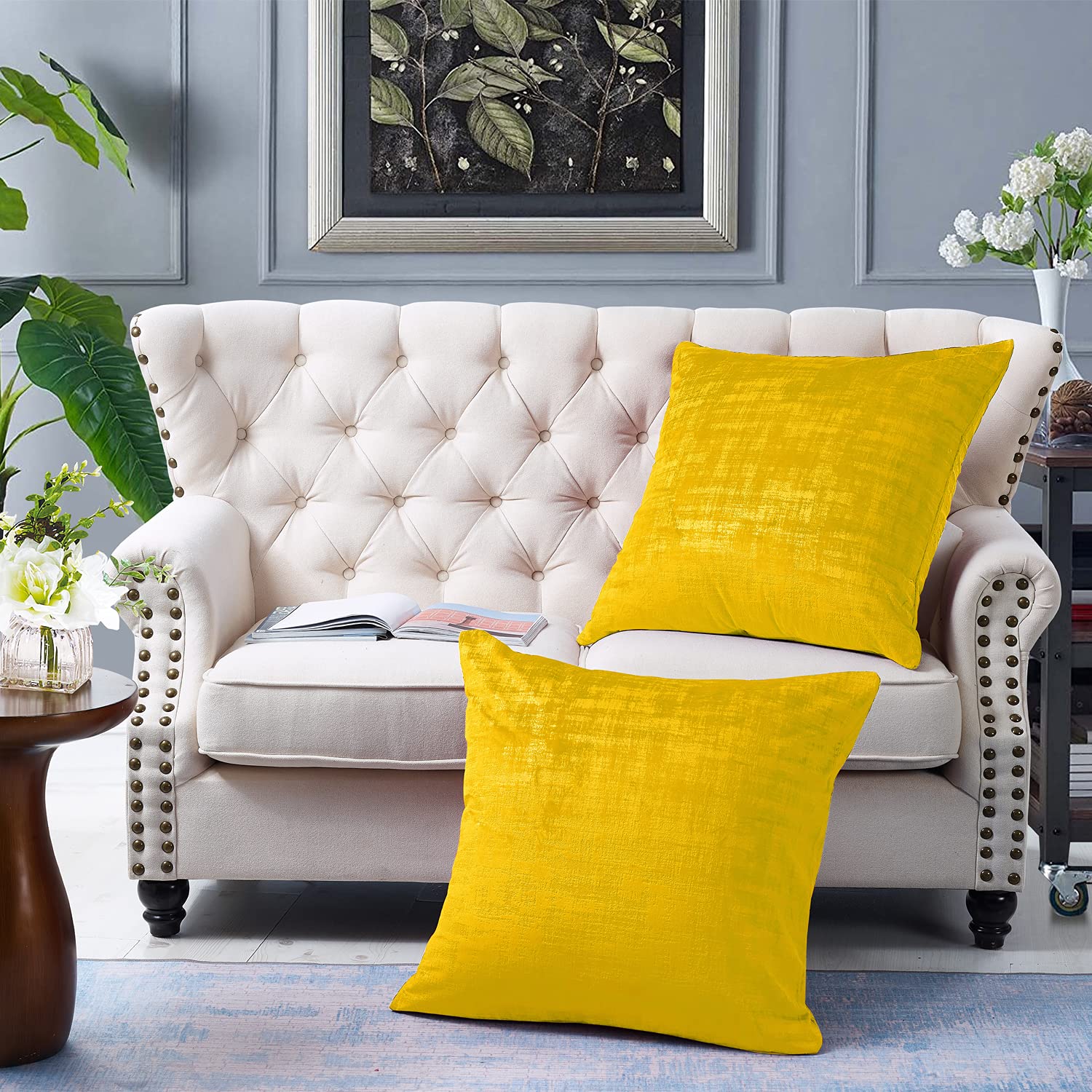 Luxury Textured Velvet Pillow Covers Set of 2 - 26x26 Inch Square Decorative Throw Pillows for Sofa & Couch - Soft Modern Home Decor in Sulphur Yellow - Perfect for Living Room, Bedroom & Home Staging