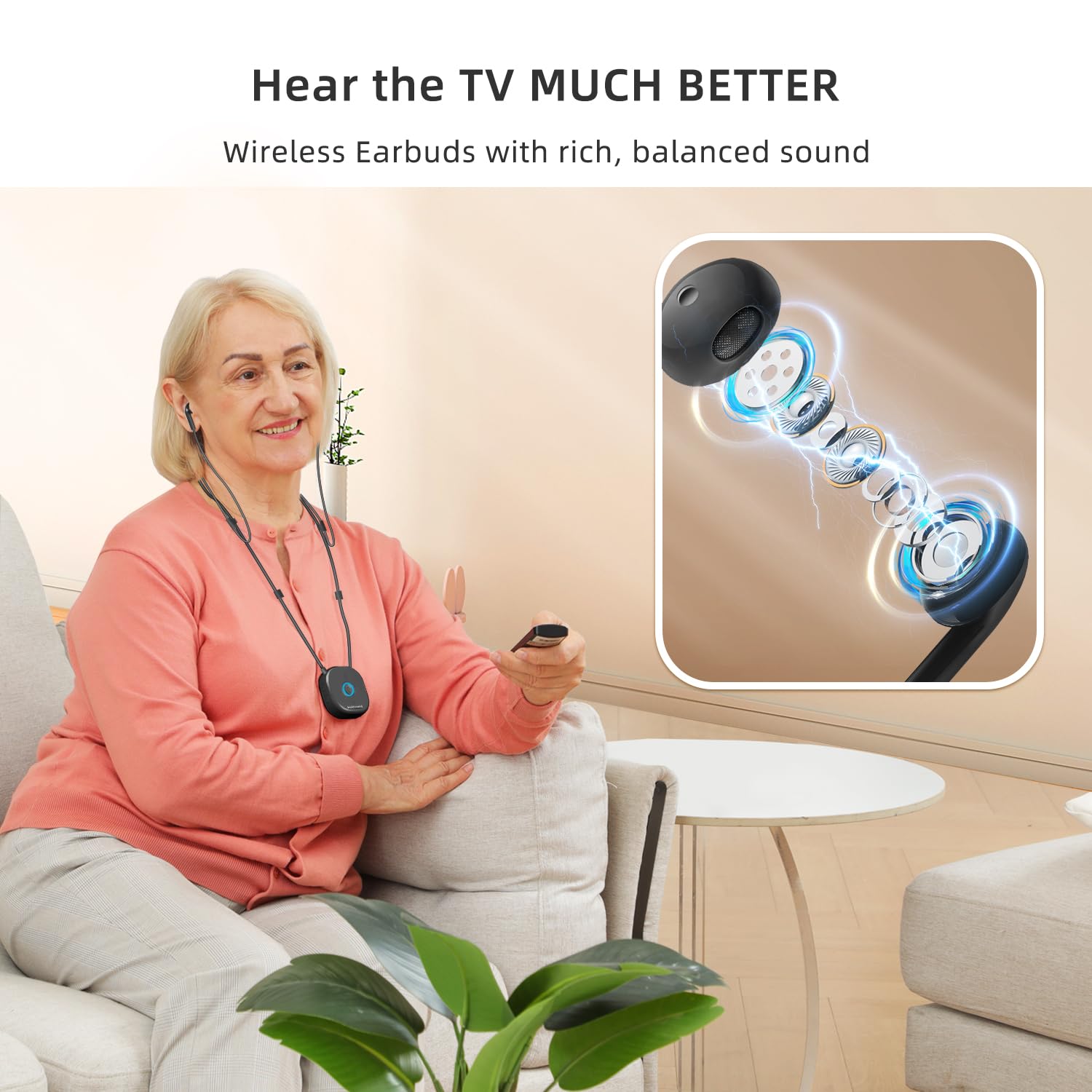 **Wireless TV Headphones for Seniors – Comfortable Bluetooth Earbuds with USB & Optical Transmitter, 15-Hour Battery, 100ft Range, No Delay – Ideal for TV Watching, Movies, and Hearing Assistance (Black)**