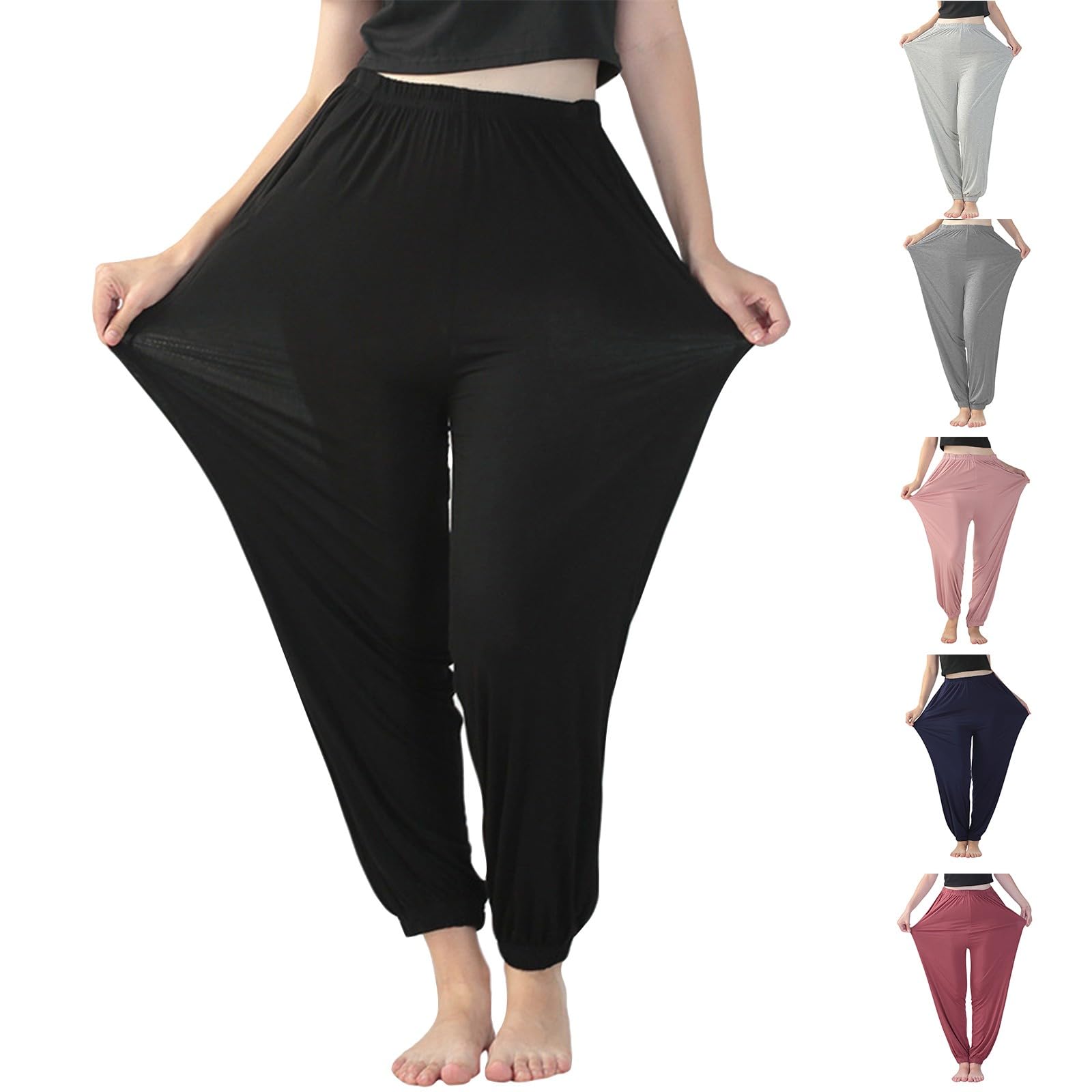 Women's Stretchy Plus Size Pants - Solid Color Elastic Waist Casual Loose Fit Baggy Trousers with Pockets for Yoga, Dance, Workout, Travel & Lounge