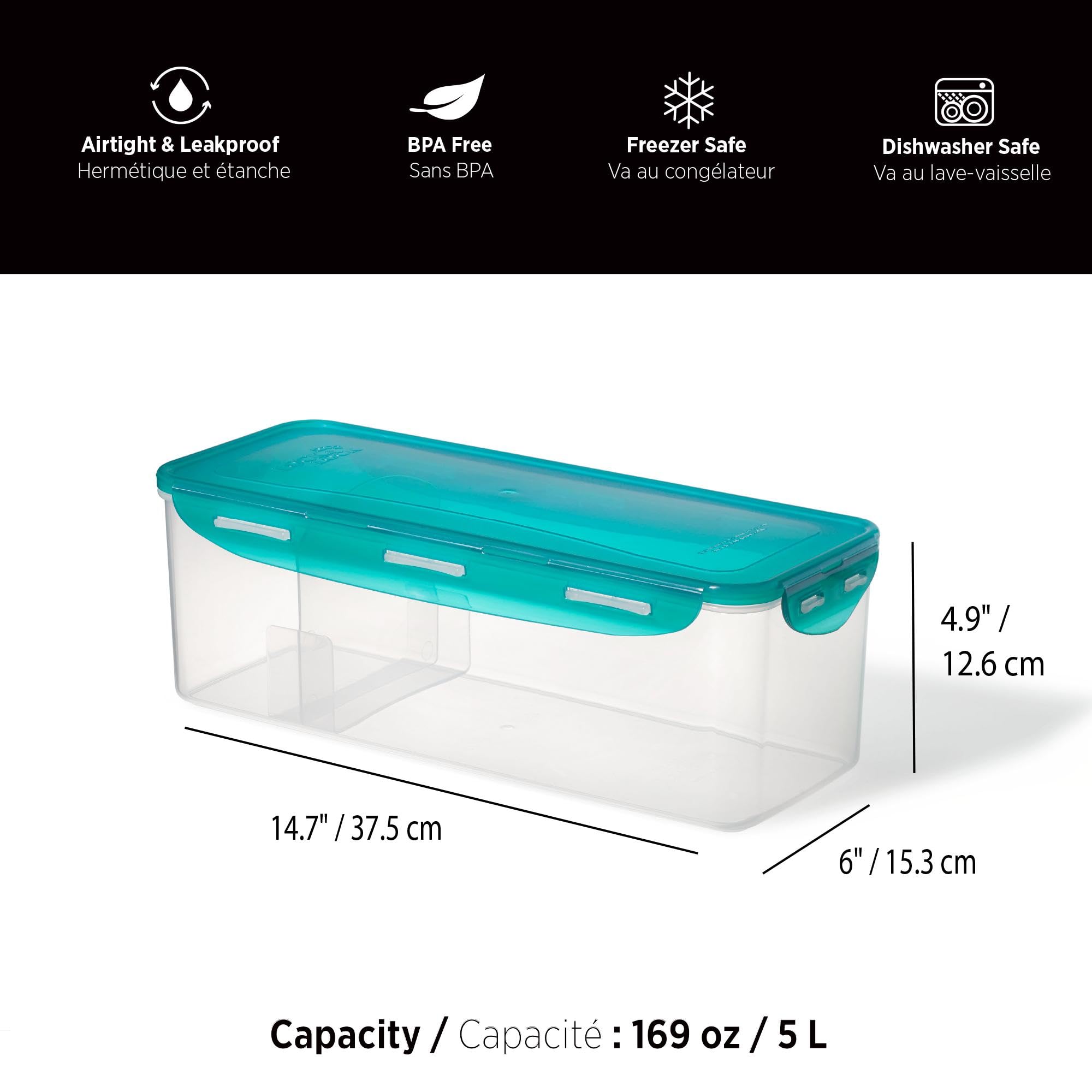 Starfrit LocknLock Airtight Plastic Bread Storage Container with Removable Divider - 5L/169oz Capacity - 4-Sided Locking Lid for Freshness - Perfect for Kitchen, Pantry & Bakery Storage