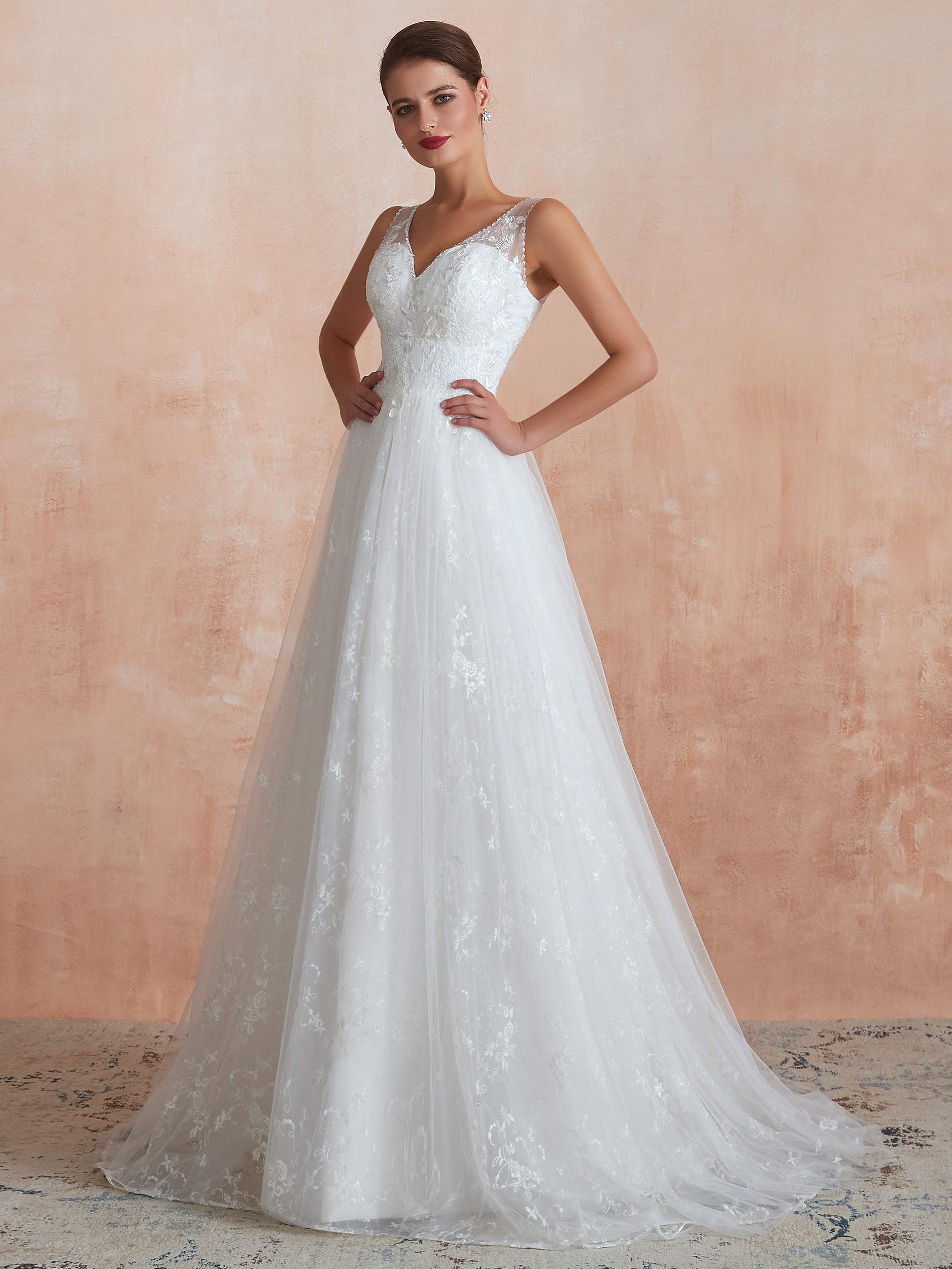 Elegant Women's V-Neck Lace Applique Sleeveless Tulle Wedding Dress | Bridal Gown for Beach, Church & Outdoor Ceremonies