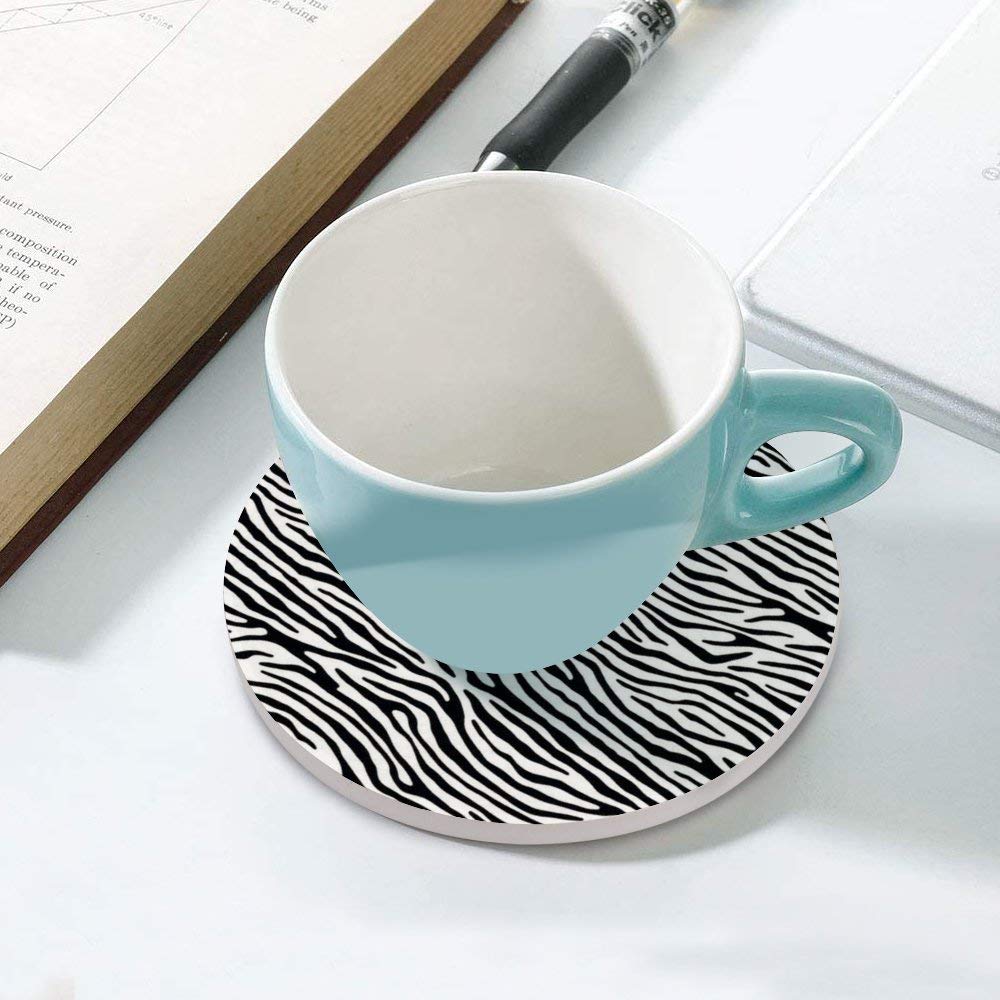Zebra Print Ceramic Coasters Set of 2 - Absorbent Round Drink Coasters with Cork Base for Coffee Cups & Glasses - Black and White Bar & Farmhouse Home Decor for Dining Table, Coffee Table & Kitchen Use