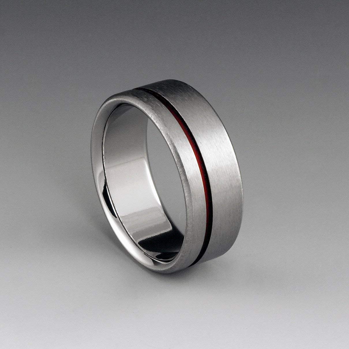 Red String of Fate Titanium Ring with Off-Center Red Stripe - Handmade Wedding Band for Men & Women - Customizable Simple Design - Perfect for Anniversaries, Engagements & Unique Gifts