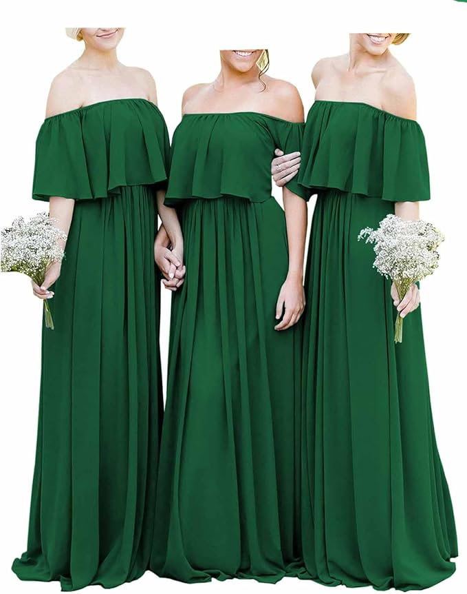 Elegant Long Off the Shoulder Burgundy Chiffon Boho Bridesmaid Dresses for Weddings & Special Occasions - Flowy & Comfortable