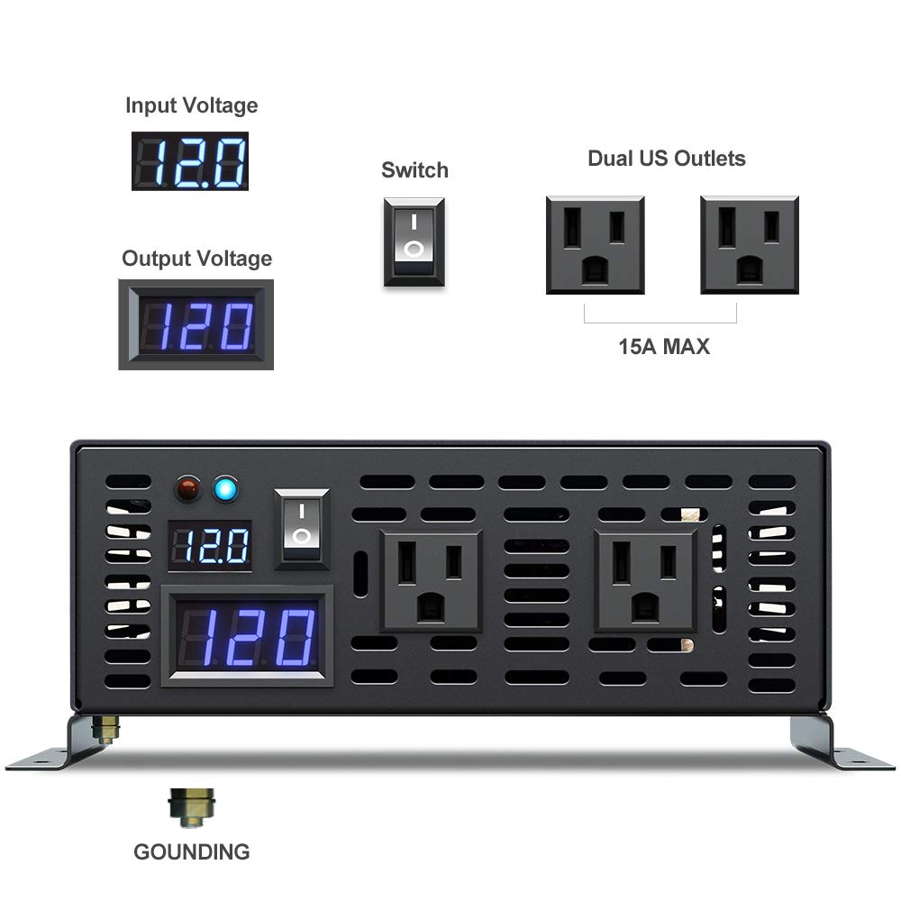 1500W Pure Sine Wave Power Inverter 12V DC to 120V AC with Remote Control - Solar Energy Converter for RV, Boat, Home & Off-Grid Power Supply