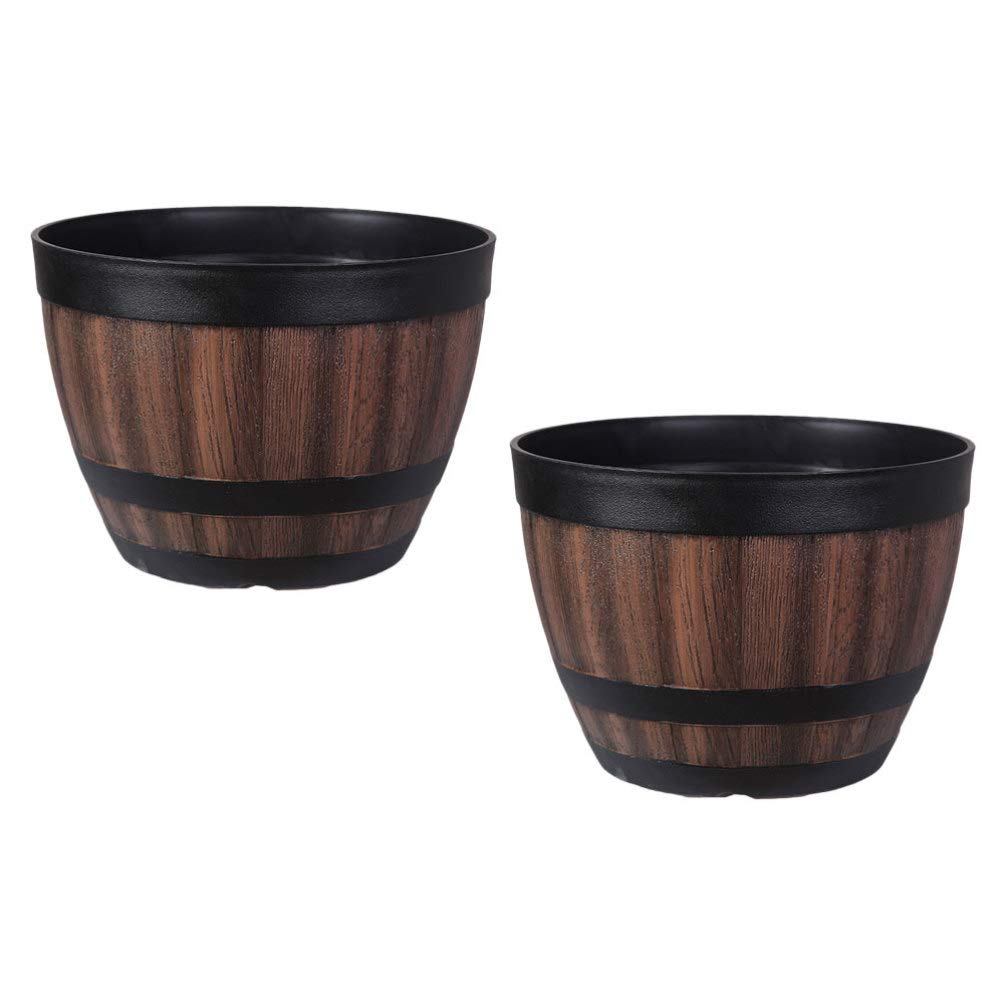 Yardwe 3-Piece Plastic Bucket Barrel Planter Set - Rustic Wooden Style Flower Pots for Succulents, Herbs & Small Plants - Indoor & Outdoor Garden Decor (2pcs, 3 Sizes) - Perfect for Patio, Balcony & Home Decor
