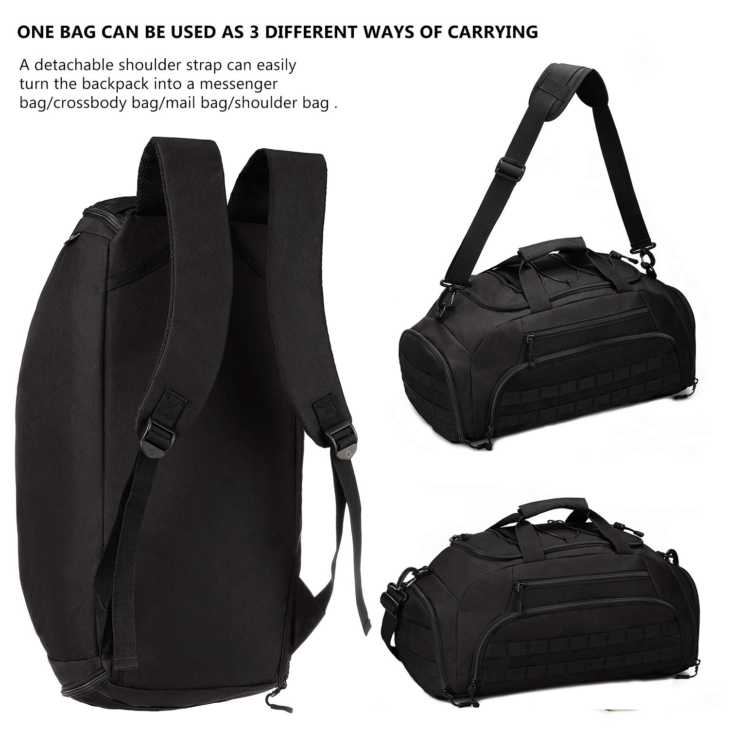 Tactical Duffle Bag 35L - Military MOLLE Gym Backpack for Men, Waterproof Travel Luggage with Rain Cover & Patch - Ideal for Camping, Hiking, Outdoor Sports & Gym Workouts (Black)