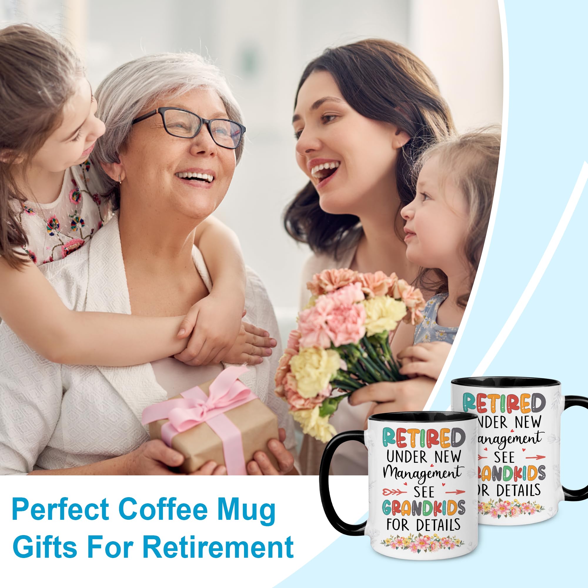 Funny Retirement Coffee Mug 11oz - Under New Management See Grandkids For Details - Best Retirement Gift for Grandma, Mom, Nana - Perfect for Birthday, Christmas & Office Retirement Parties - Ceramic Tea Cup for Daily Use & Humorous Gift Giving