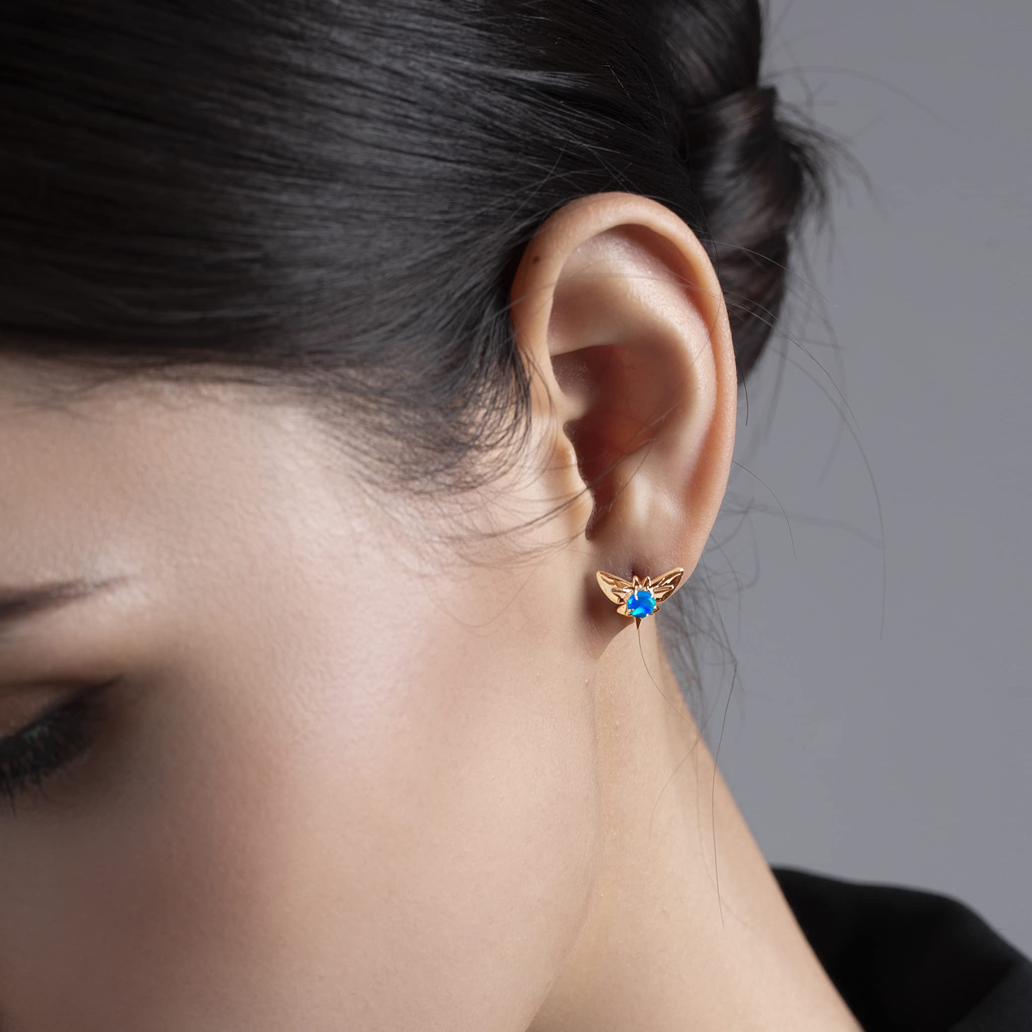 Blue Opal Earring Studs - Small Butterfly Earrings for Multiple Piercings - Dainty Stacking Jewelry - Alternative October Birthstone Earrings for Women - Perfect for Everyday Wear, Gift Giving & Special Occasions