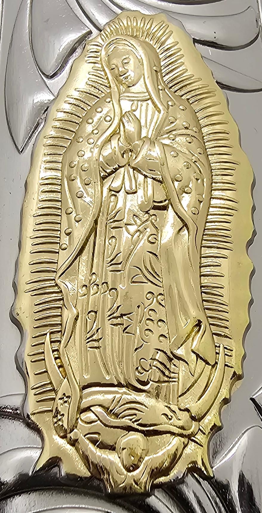 Virgin Mary Lady of Guadalupe Full-Size Grips - Nickel-Plated Ambi Safety Grips for Colt, Kimber, Rock Island & Clones | Perfect for Pistol Customization & Religious Protection
