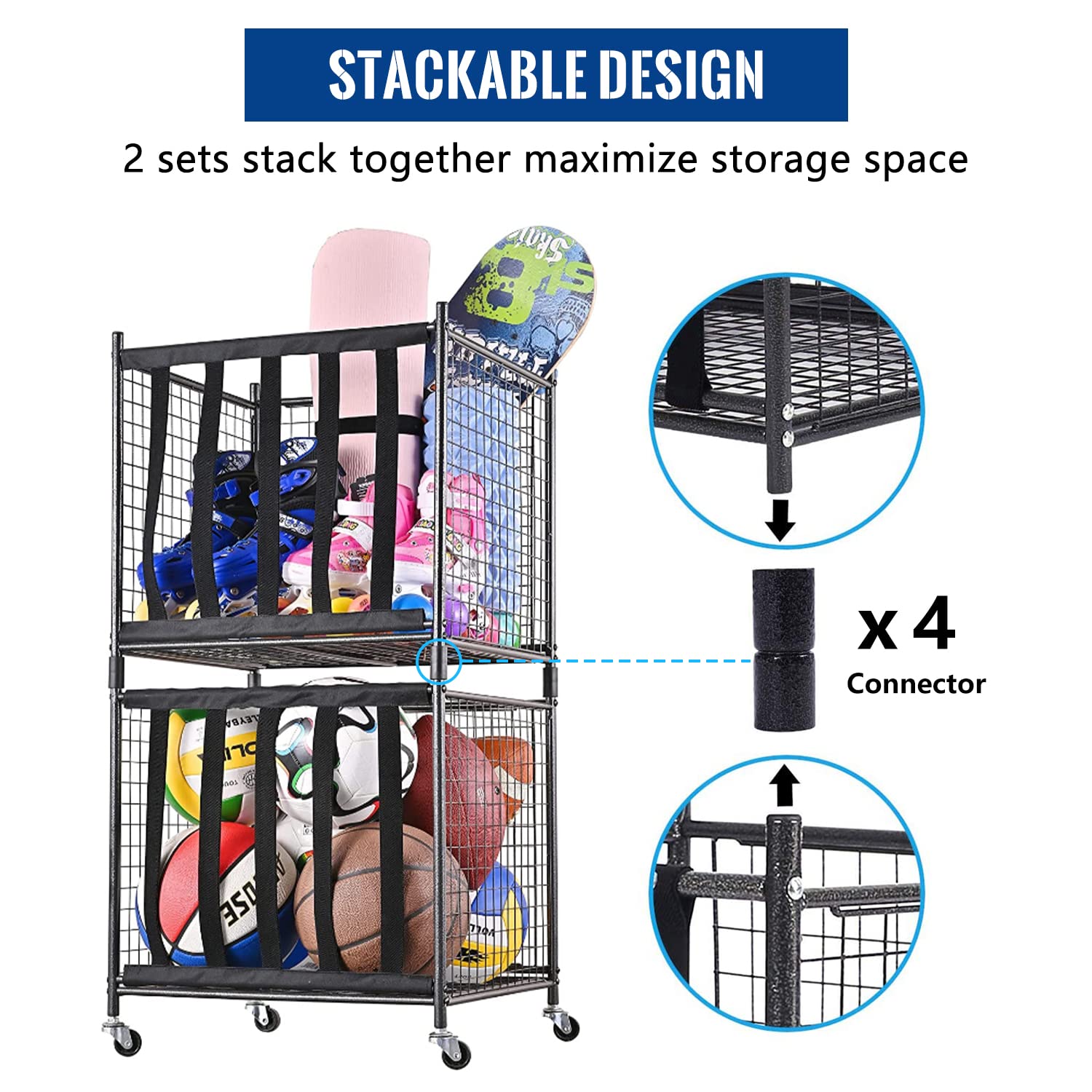 Mythinglogic Rolling Sports Ball Storage Cart - Lockable Ball Organizer with Elastic Straps, Baskets & Hooks | Garage Storage System for Basketballs, Soccer Balls & Sports Equipment | Perfect for Home Gym, Playroom & Sports Facility Organization