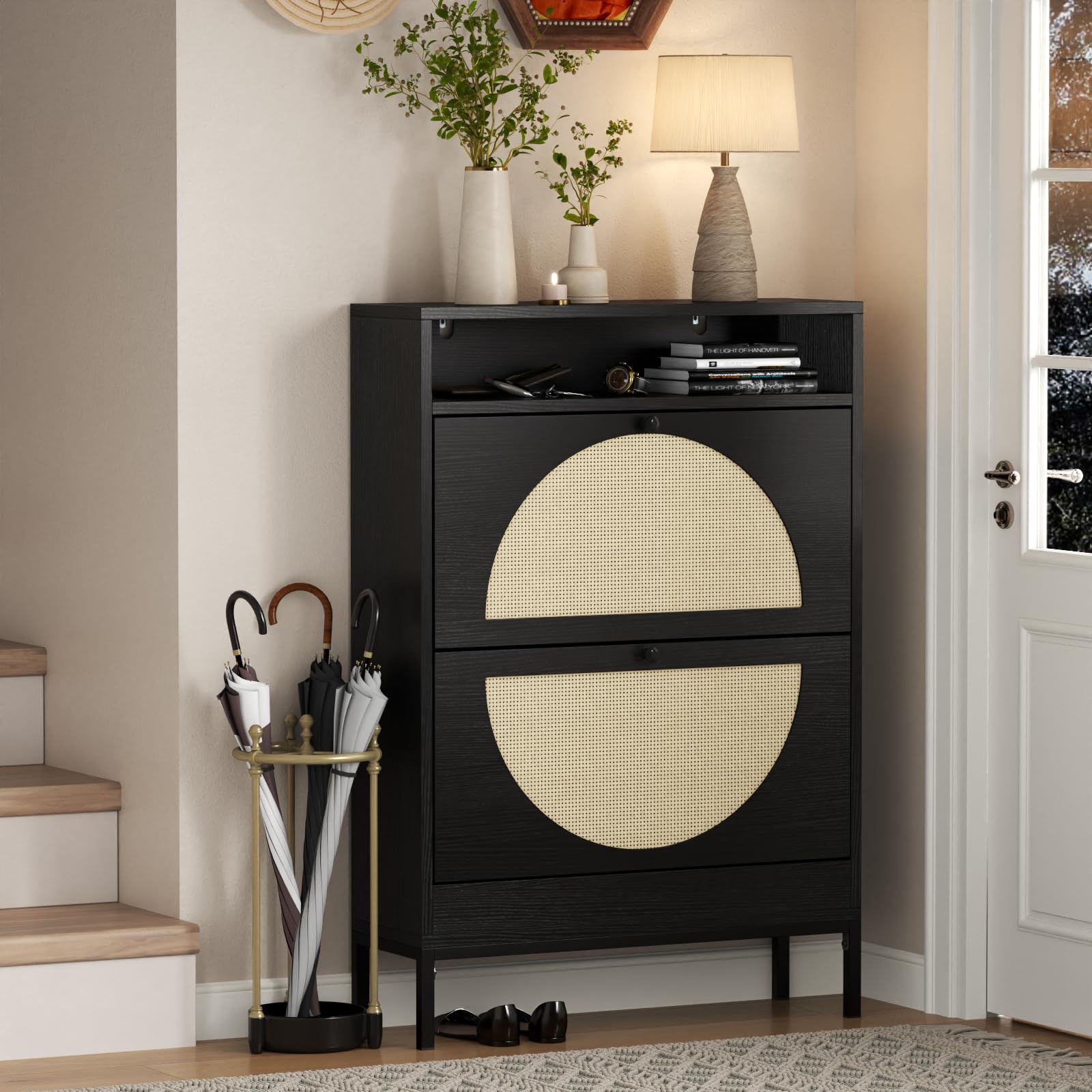 Rattan Shoe Storage Cabinet with 2 Flip Drawers - Hidden Slim Shoe Organizer for Sneakers & Footwear - Entryway, Hallway & Living Room Storage Solution - Black - Perfect for Small Spaces & Clutter-Free Home Organization
