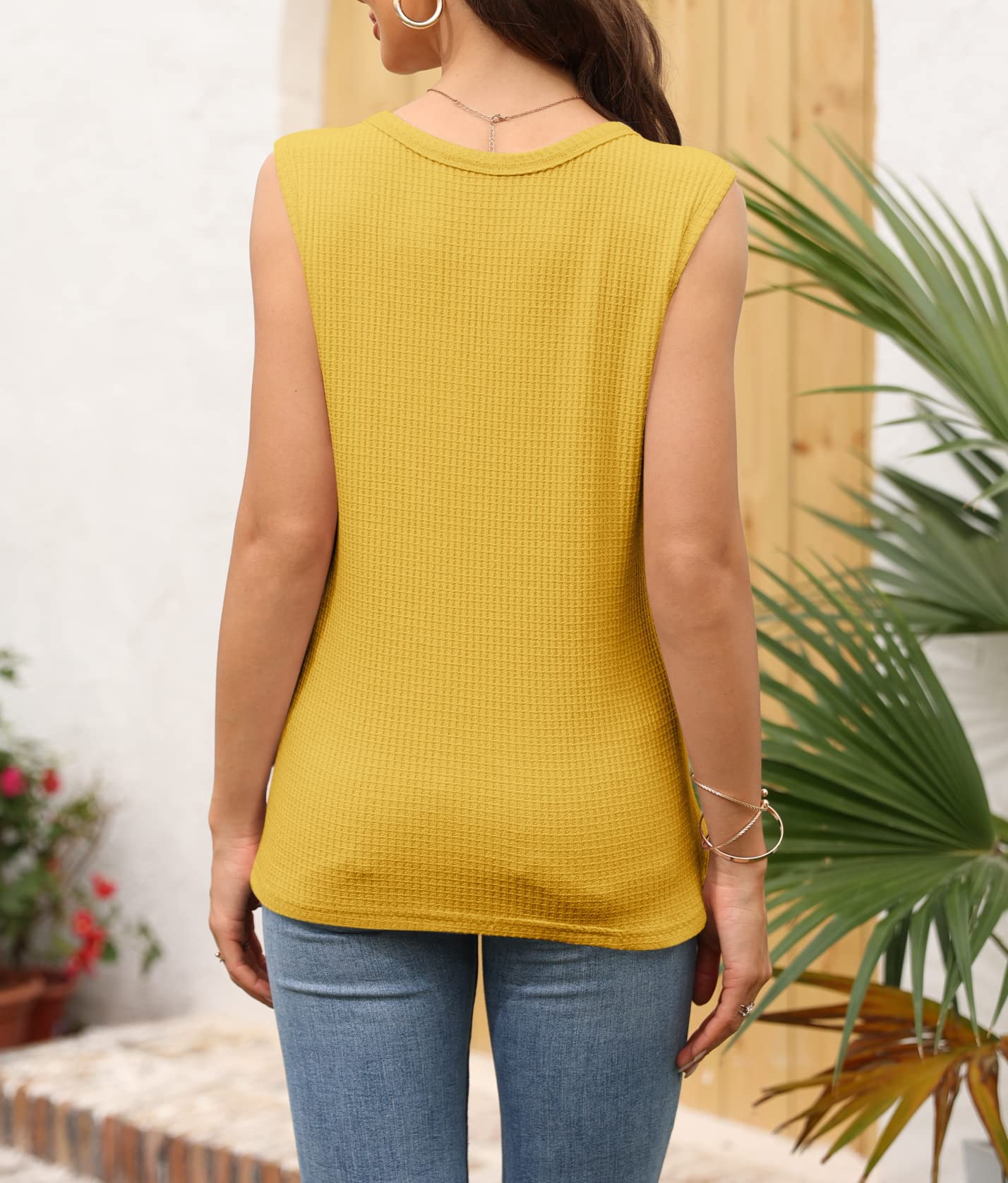 Women's V-Neck Waffle Knit Tank Tops - Summer Casual Sleeveless Loose Fit Tee Shirts for Beach, Yoga & Everyday Wear