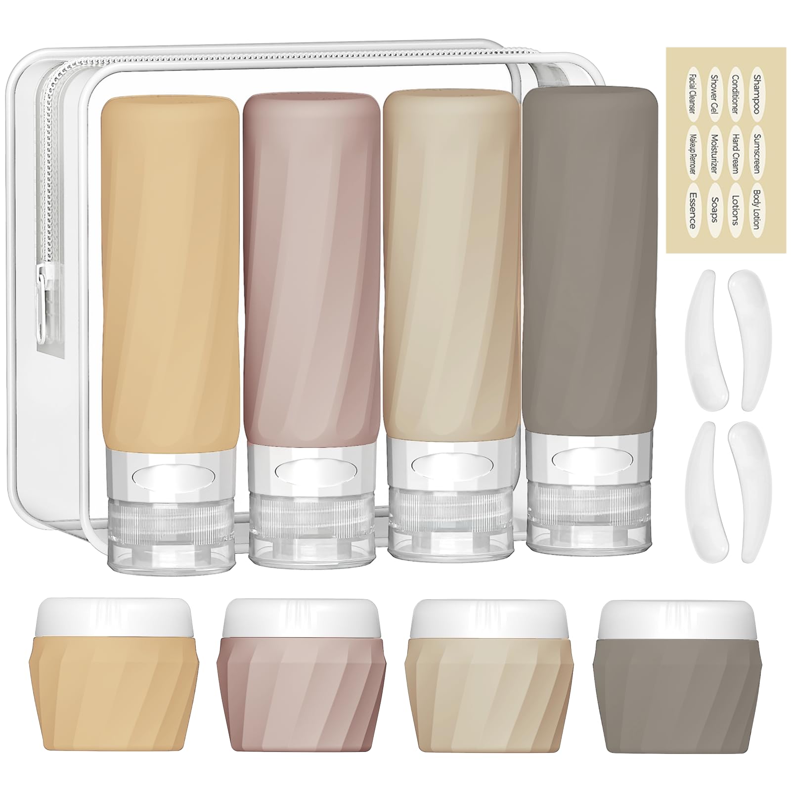 14-Pack TSA Approved Leak-Proof Travel Bottles for Toiletries - Premium Silicone Refillable Squeeze Bottles & Cream Jars Set with Clear Bag (Apricot) - Perfect for Air Travel, Camping & Gym Essentials Organization