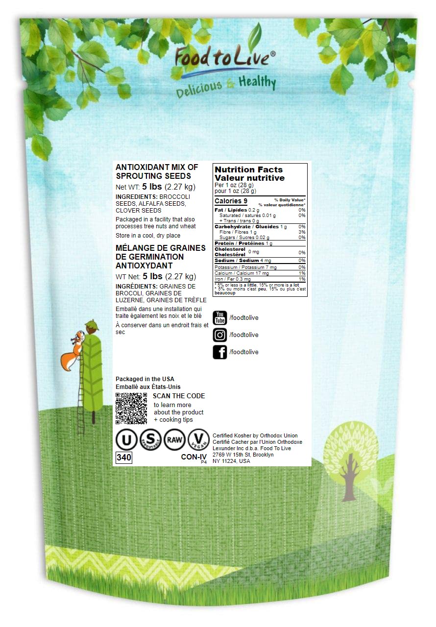 Food to Live - Organic Antioxidant Sprouting Seed Mix (5 lbs) | Broccoli, Clover, Alfalfa | Kosher, Raw, Vegan | Perfect for Salads, Smoothies & Healthy Snacks
