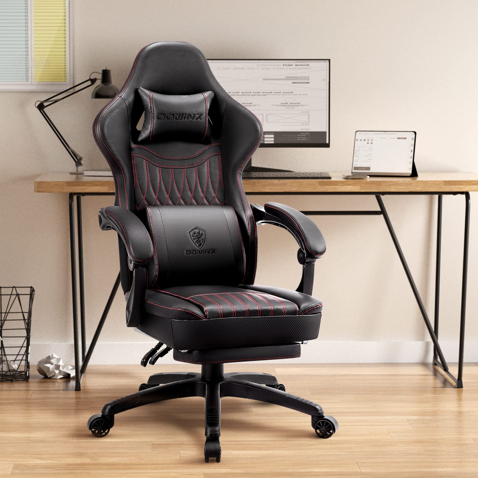 Dowinx Ergonomic Gaming Chair - Breathable PU Leather Computer Chair with Pocket Spring Cushion & Massage Lumbar Support, Adjustable Swivel Task Chair with Footrest for Office & Home Gaming Setup (Black) - Perfect for Esports, Streaming & Long Work Sessions