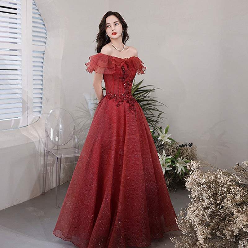Elegant Off Shoulder A-Line Shiny Burgundy Prom Dress for Formal Evening Party & Homecoming - Perfect for Prom Night, Wedding Guest & Special Occasions