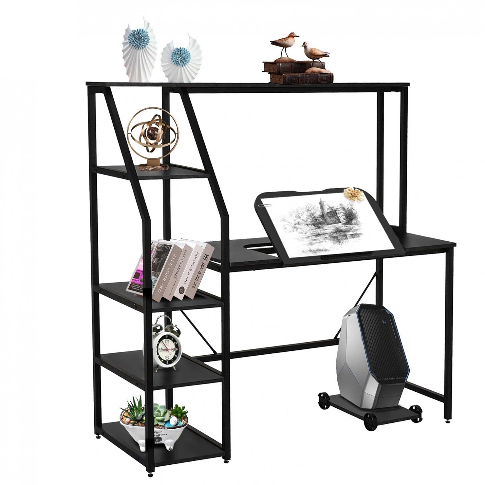 Adjustable Tiltable Computer Desk with Storage Shelves - Ergonomic Home Office Desk for PC & Laptop, Study Table with Anti-Slip Bar - Perfect for Small Spaces, Bedroom, Dorm Room & Remote Work Setup