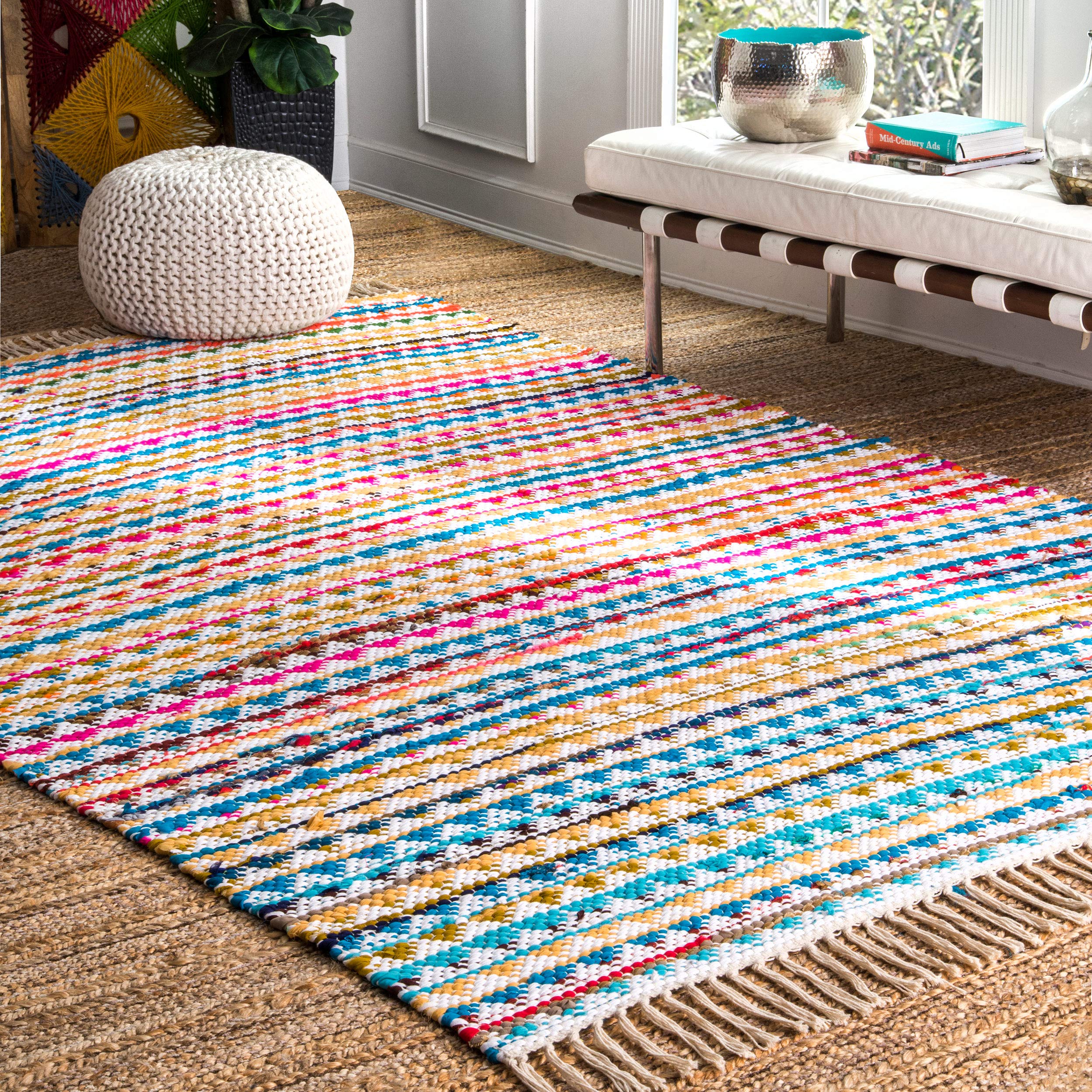 nuLOOM Rainbow Striped Boho Area Rug 4' x 6' Multi-Colored - Soft Bohemian Floor Mat for Living Room, Bedroom & Nursery Decor