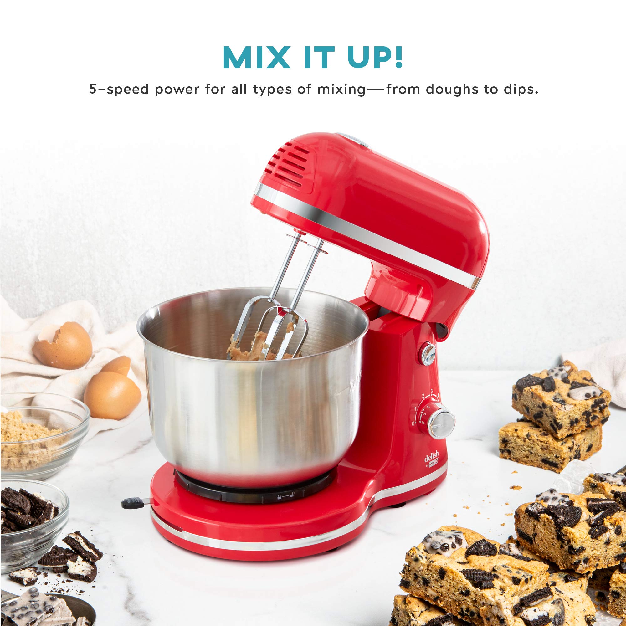 DASH Delish Compact Stand Mixer, 3.5 Quart - Includes Beaters & Dough Hooks, Powerful Electric Hand Mixer for Baking - Perfect for Cakes, Cookies, Bread & Dough - Red (Great for Home Bakers & Small Kitchens)