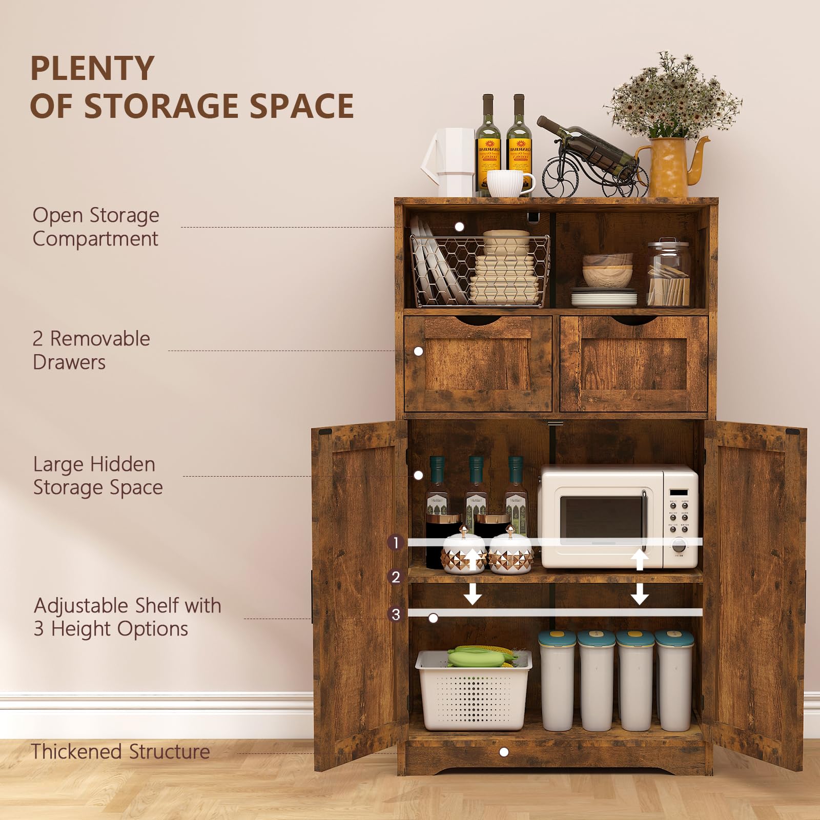 WEENFON Farmhouse Storage Cabinet - Rustic Brown Kitchen Pantry Organizer with 2 Adjustable Drawers & Shelves, Floor Hutch Cupboard for Living Room, Home Office & Kitchen Storage - Perfect for Small Space Organization & Farmhouse Decor