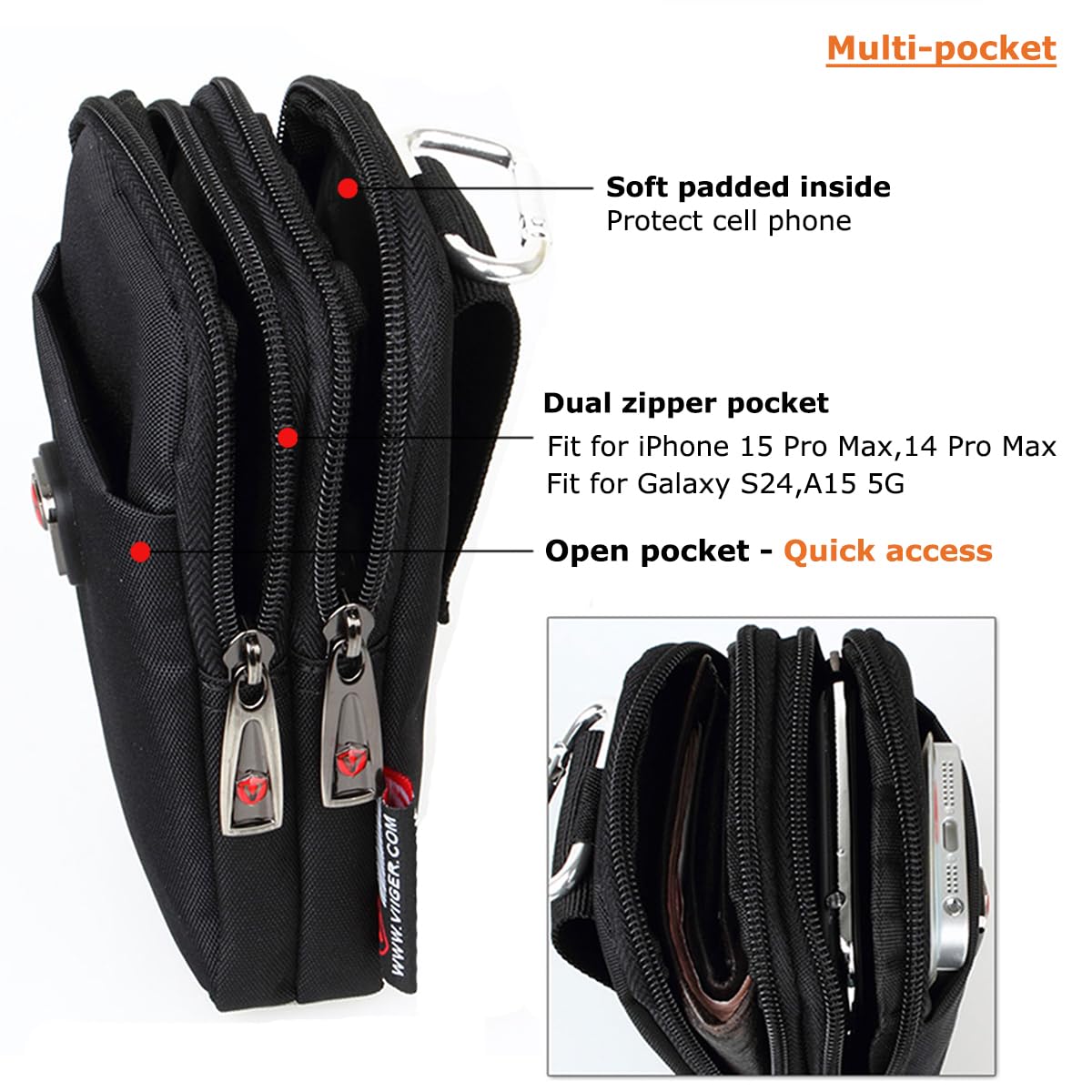 VIIGER Nylon Dual Phone Holster Belt Pouch - Compatible with iPhone 15 Pro Max/16 Pro/S24 - 2 Zipper Pockets & Clip - Black - Perfect for Outdoor Activities, Work & Travel