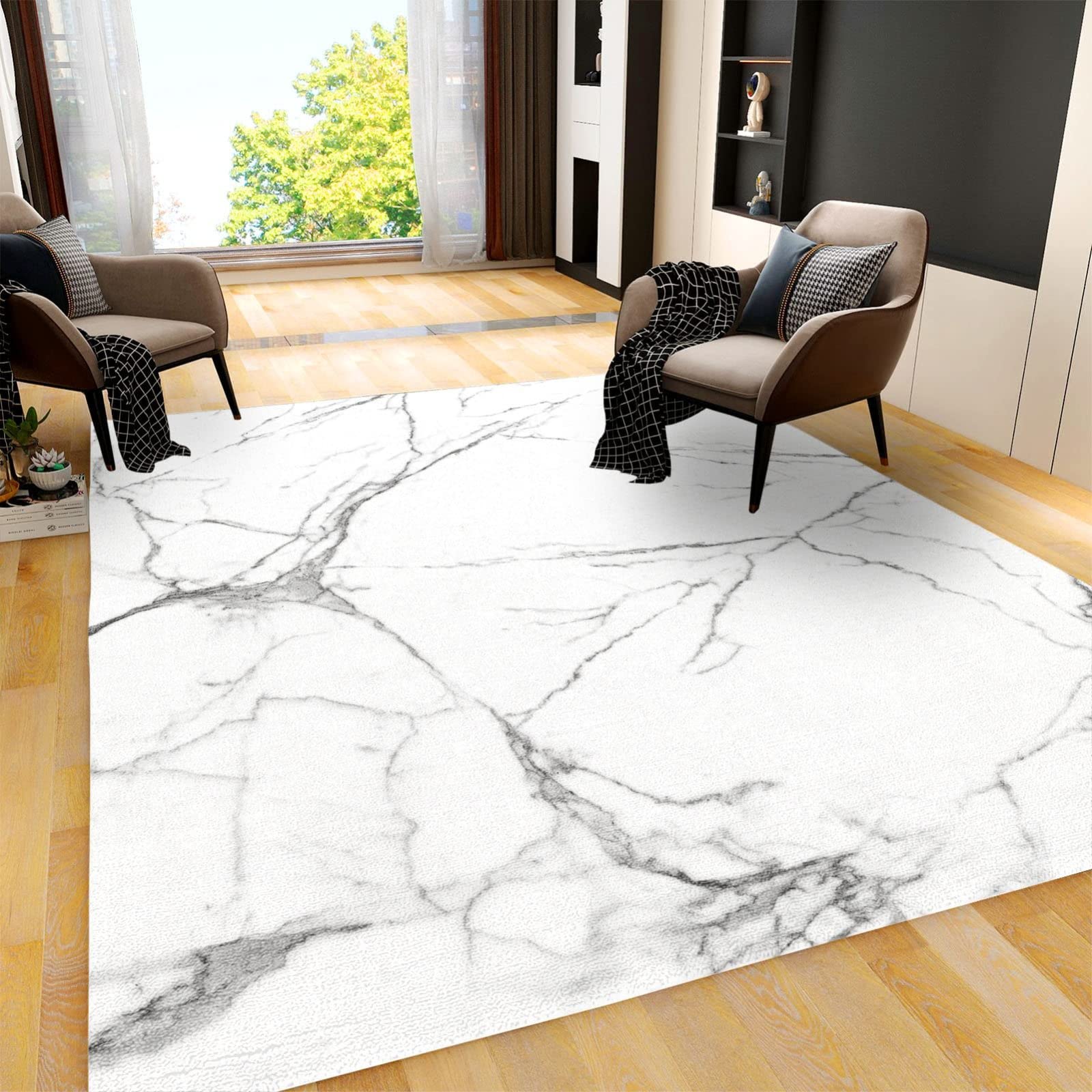 Distressed White and Black Marble Area Rug 5' x 6' - Non-Slip Contemporary Floor Carpet for Living Room, Bedroom & Home Decor | Perfect for Sofa, Dining Area & High-Traffic Spaces