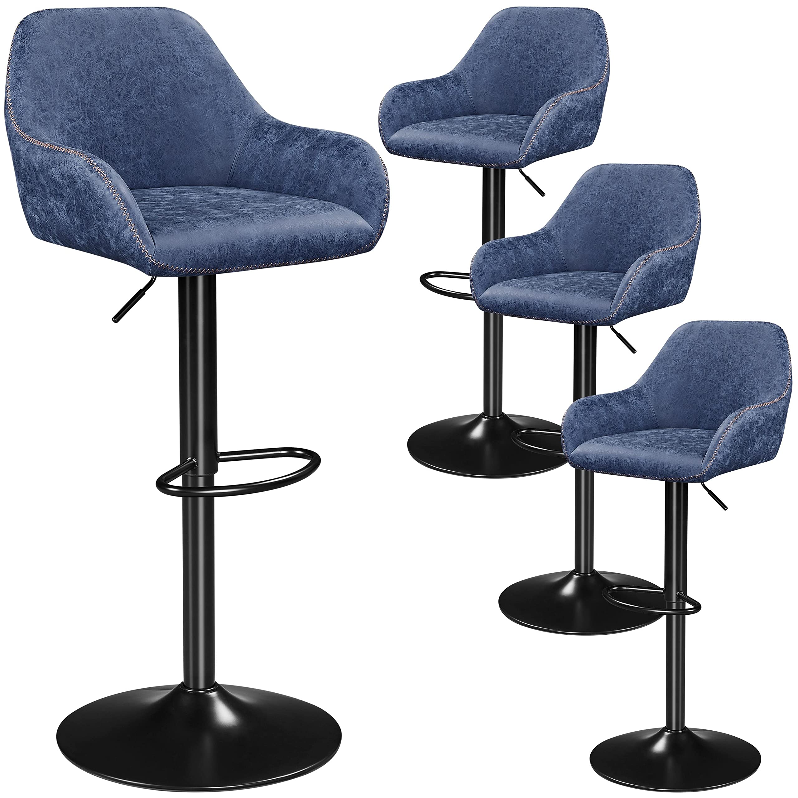 Yaheetech 4-Pack Adjustable Swivel Bar Stools with PU Leather Seat, Backrest & Footrest - Counter Height Kitchen Island Stools for Home, Restaurant & Bar - Modern Blue Bar Chairs for Dining & Entertaining