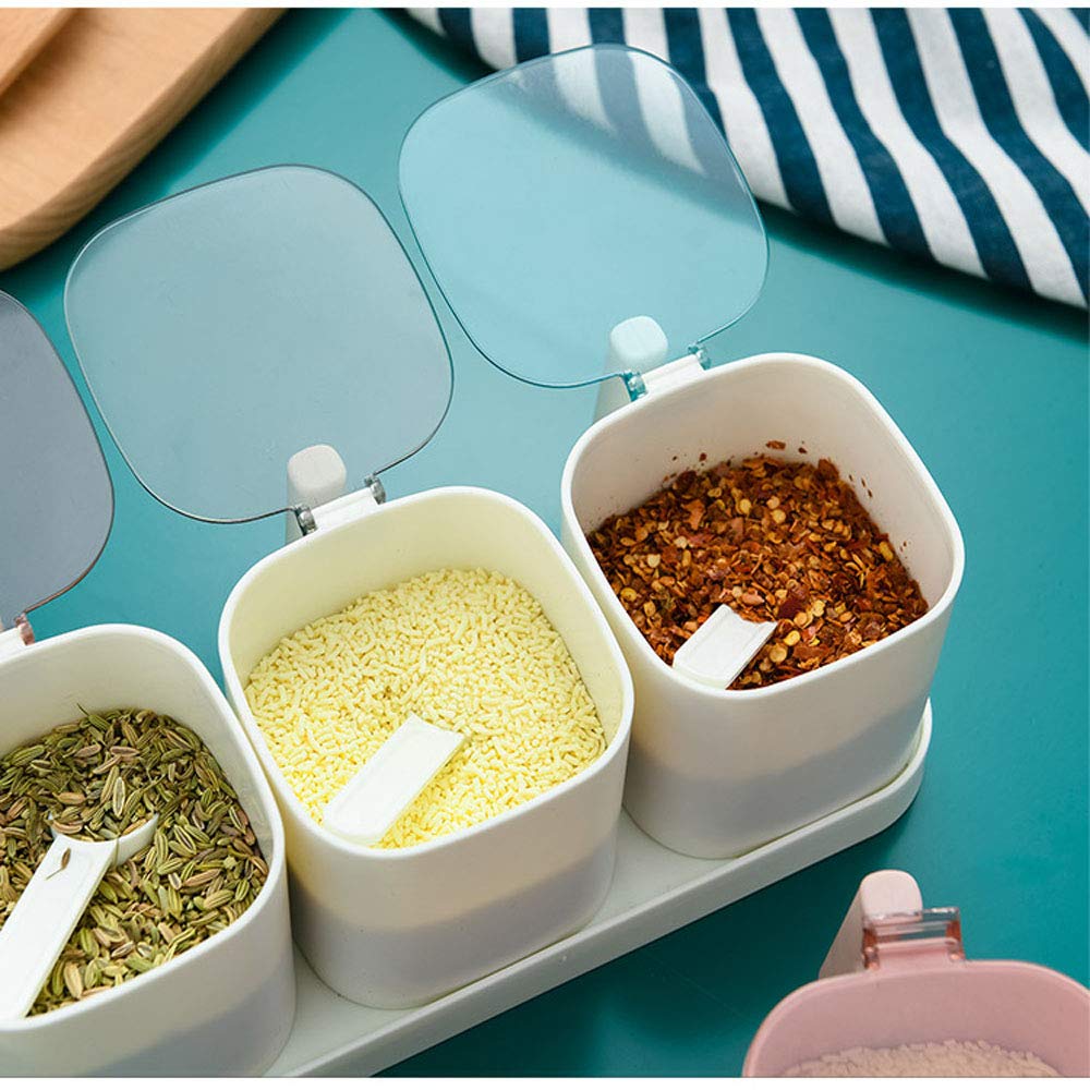 White Spice Jar Set with Cover & Spoon - 3-Piece Kitchen Storage for Seasonings & Condiments