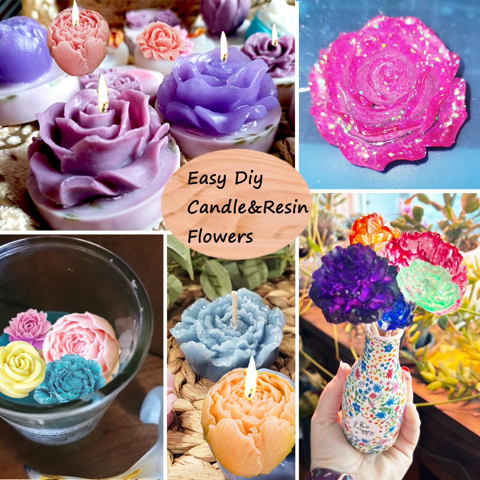 13 PCS Flower Silicone Candle Molds Set with Large-Eye Wicking Needle - DIY Candle Making Kit for Soy Wax, Beeswax, Resin & Clay - Perfect for Home Decor, Wedding Centerpieces & Handmade Gifts