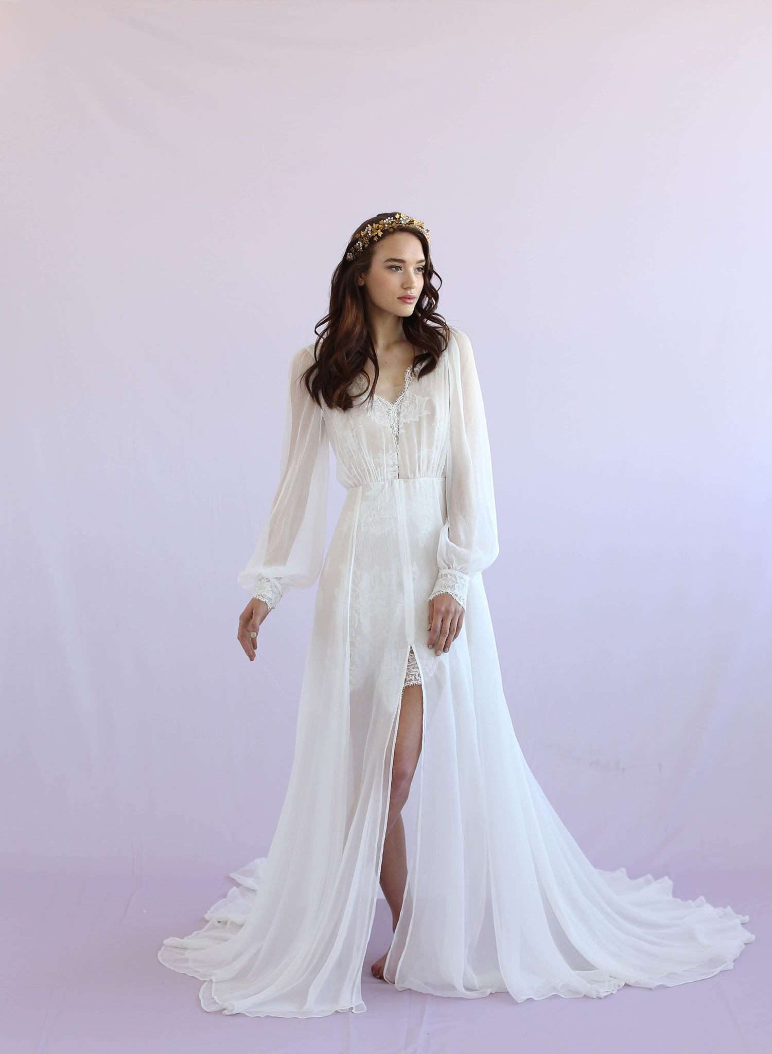 Petunia Long Sleeve Silk Gown - Elegant Women's Nightgown Style #TH026 for Luxury Sleepwear & Bridal Loungewear