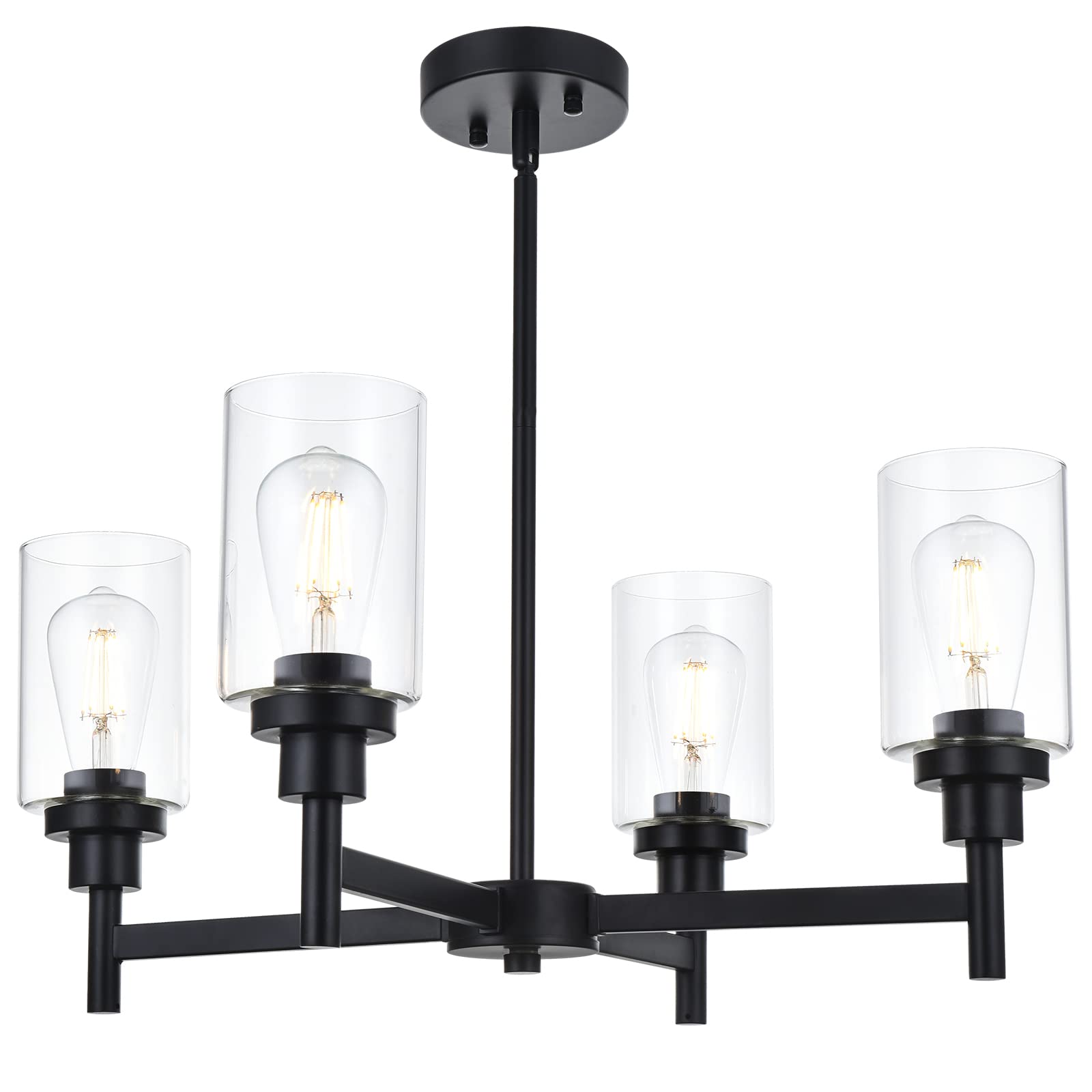 VINLUZ 4-Light Black Farmhouse Chandelier with Clear Glass Cylinder Pendant - Rustic Kitchen Lighting Fixture for Dining Room, Bedroom, Living Room & Entryway | Perfect for Farmhouse, Industrial & Modern Home Decor