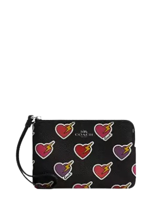Coach Corner Zip Wristlet with Heart Bolt Print - Stylish Crossbody Bag for Women, Perfect for Everyday Use, Travel & Shopping
