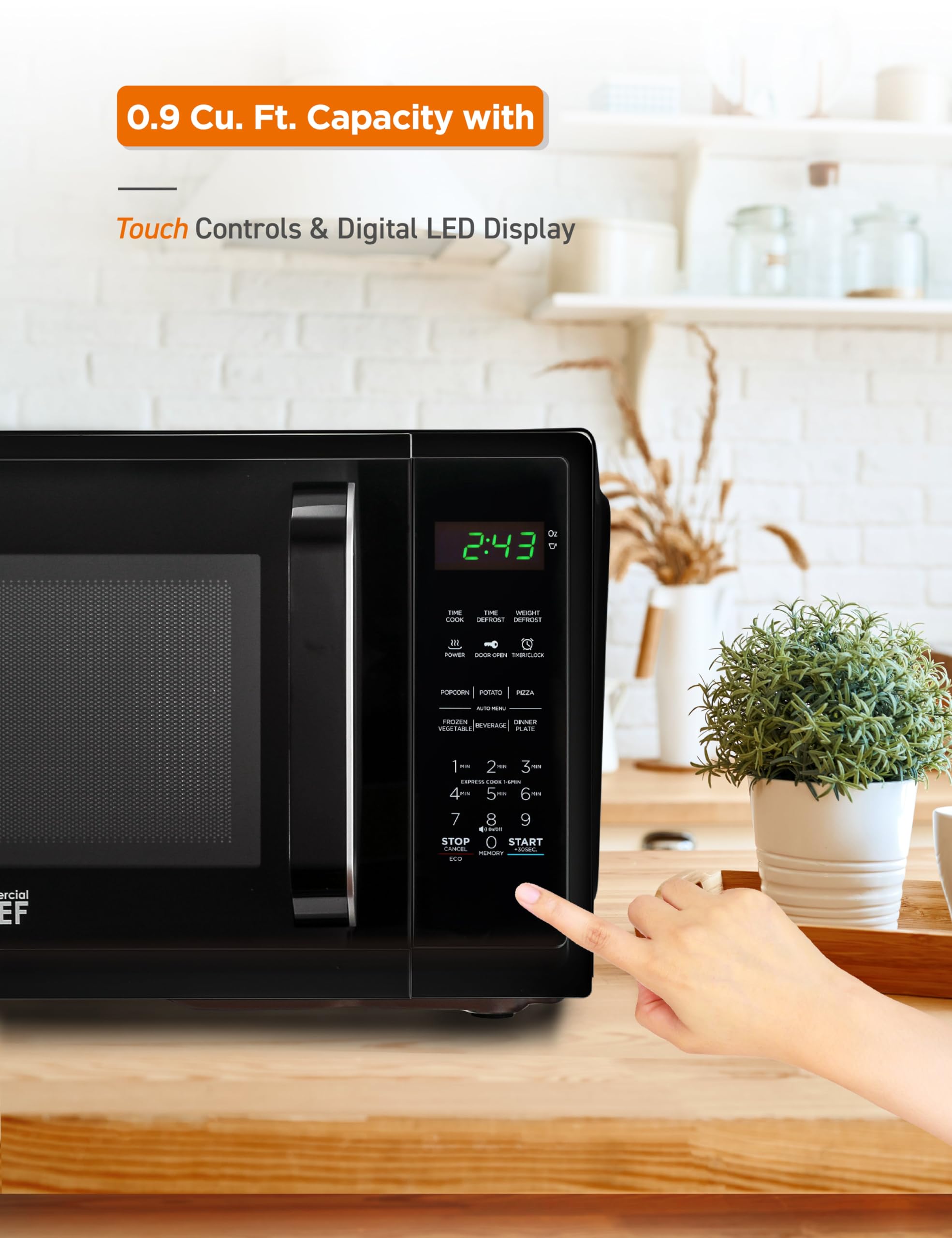 Commercial Chef 0.9 Cu Ft Compact Microwave Oven - 900W Countertop Microwave with 10 Power Levels, Digital Display, Safety Lock & Kitchen Timer - Perfect for Dorms, Offices & Small Kitchens - Black
