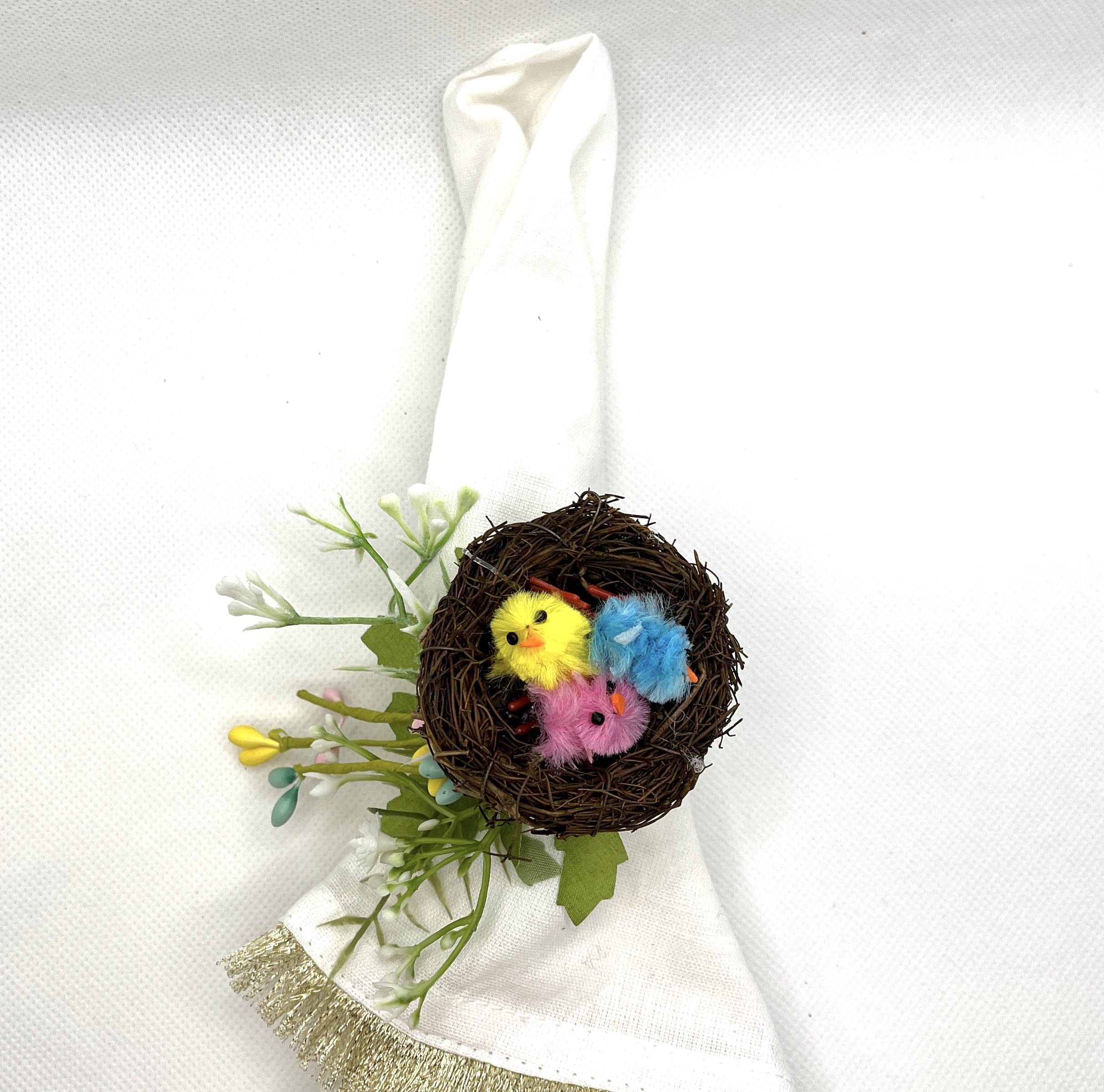 Easter Spring Bird Nest Napkin Rings Set of 6 - Yellow, Blue & Pink Chicks with Yellow Flowers - Adorable Table Decor for Easter Brunch, Spring Parties & Home Decorations