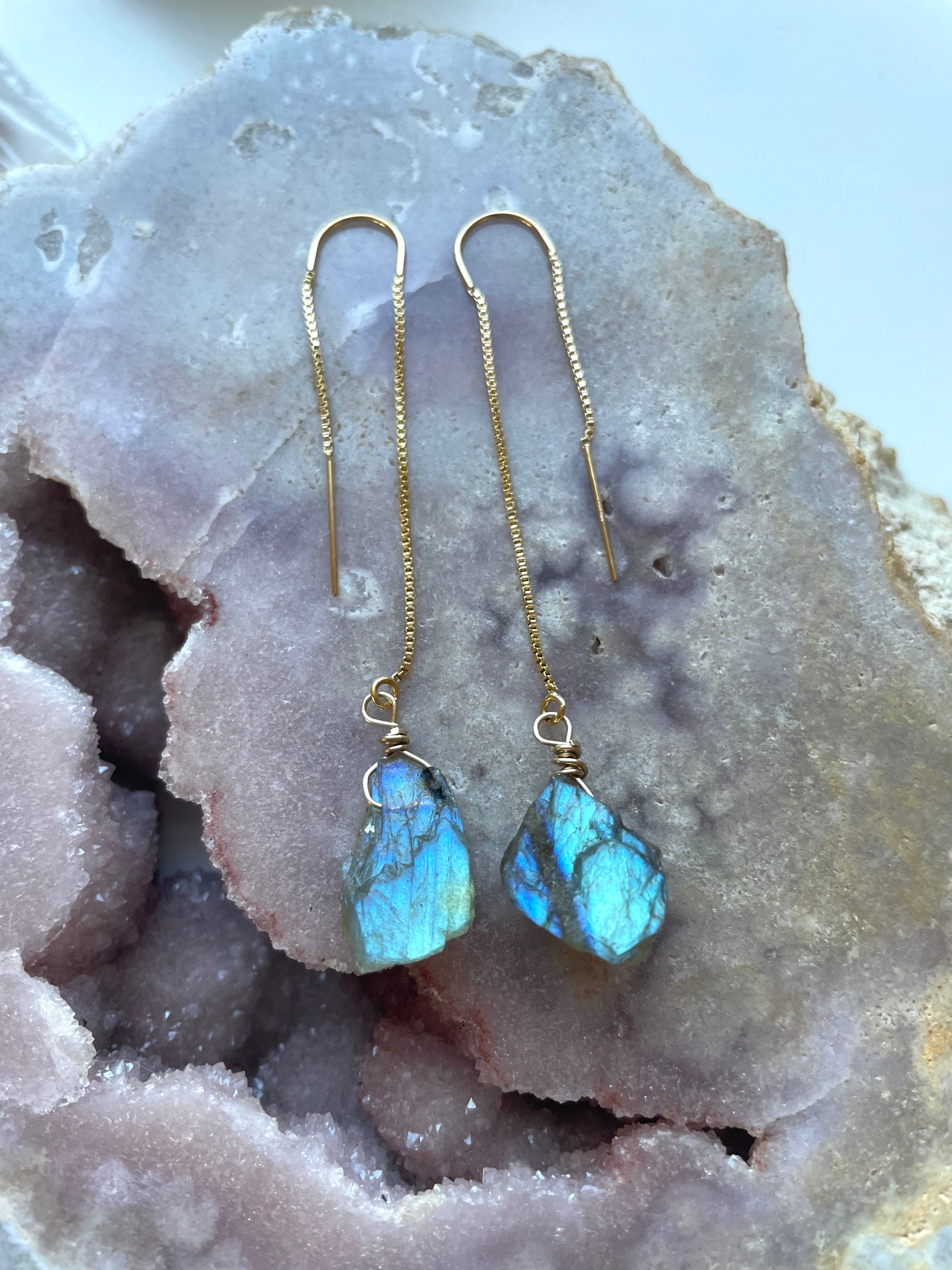 Labradorite Threader Earrings - Sterling Silver or 14K Gold Filled Dangle Earrings for Women | Healing Crystal Jewelry for Everyday Wear & Special Occasions