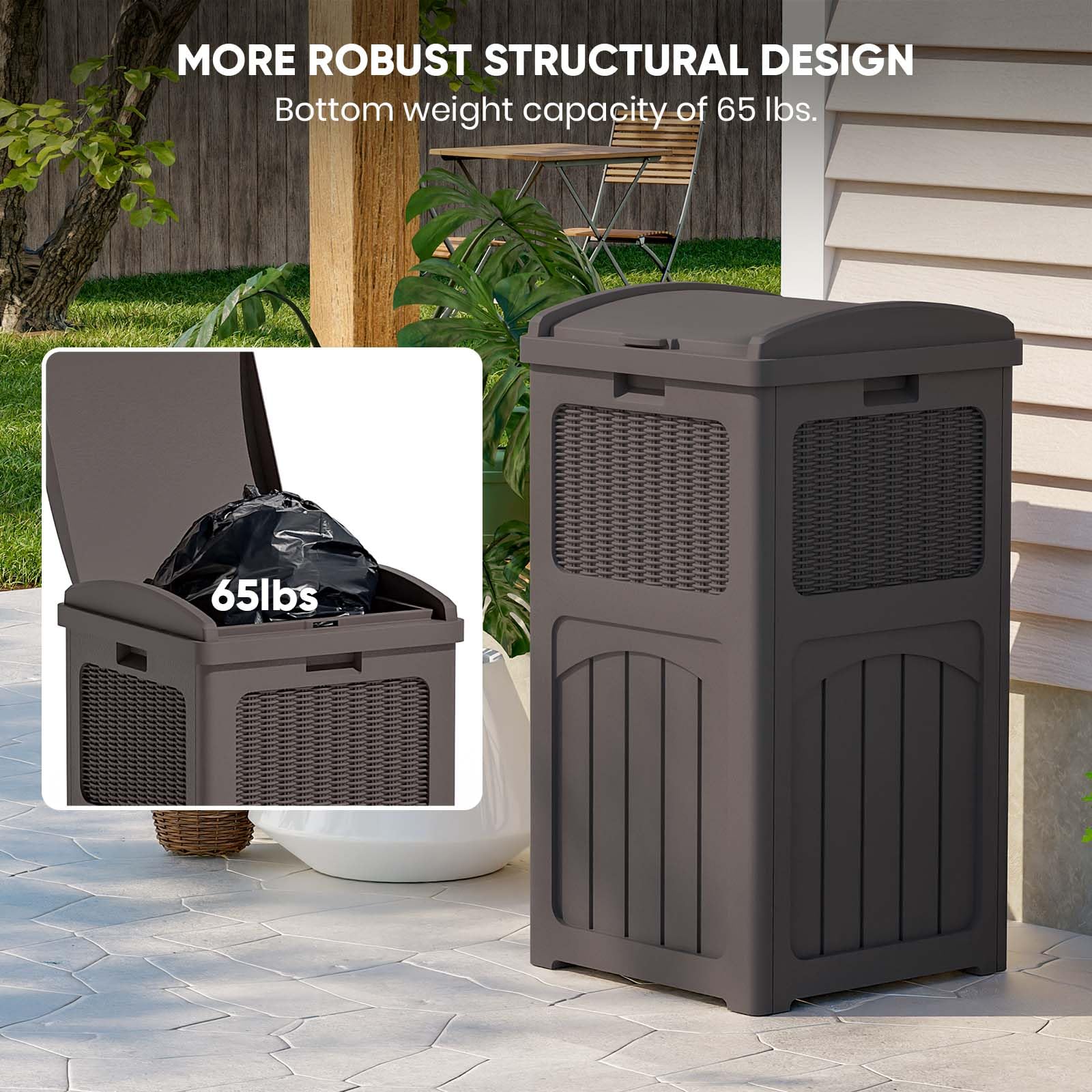 **Patiowell 36 Gallon Outdoor Trash Can with Lid - Heavy Duty Resin Garbage Bin for Patio, Backyard, Deck - Weatherproof & Durable - Dark Brown - Perfect for Outdoor Waste Management**    (Note: 