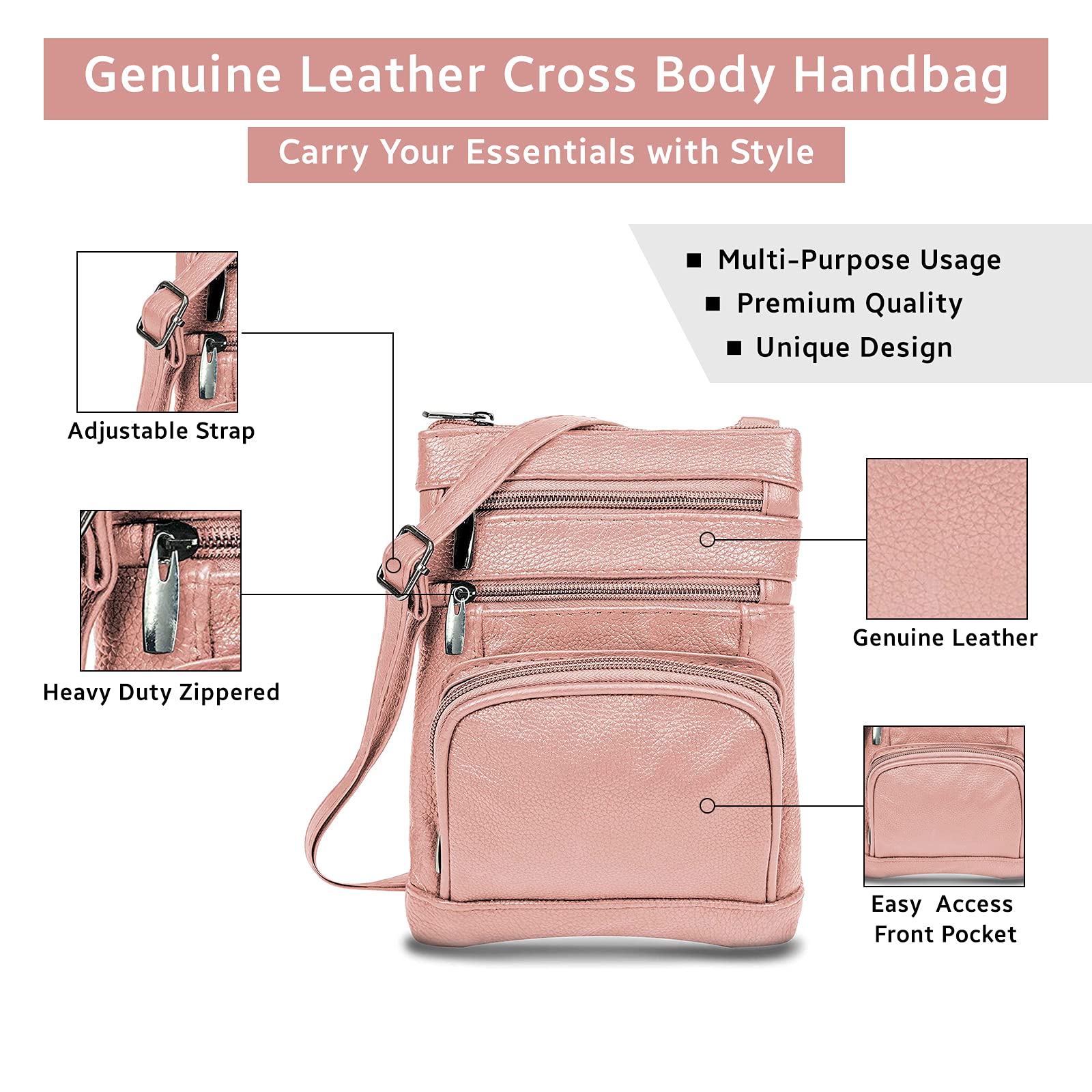 Krediz Genuine Leather Crossbody Bag for Women - Adjustable Strap, Multiple Pockets, Soft & Durable - Perfect for Travel, Shopping & Everyday Use