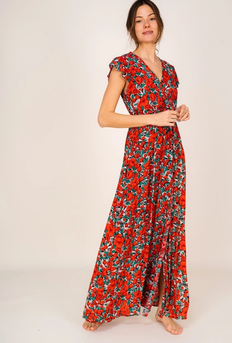 Elegant Andrea Long Floral Red Robe - Soft, Feminine & Breathable for Women | Perfect for Spa, Lounging & Relaxation at Home