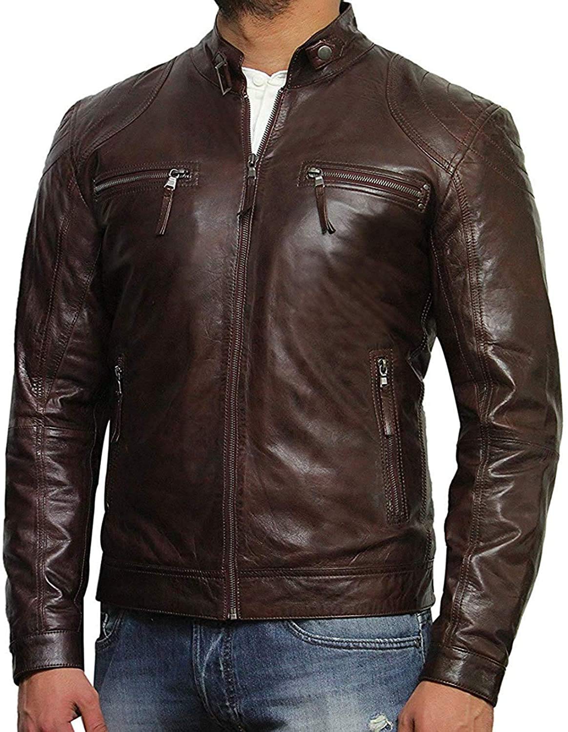 BRANDSLOCK Men's Black Real Lambskin Leather Jacket - Distressed Cafe Racer Motorcycle Biker Jacket for Riding & Casual Wear | Genuine Leather Outerwear for Men
