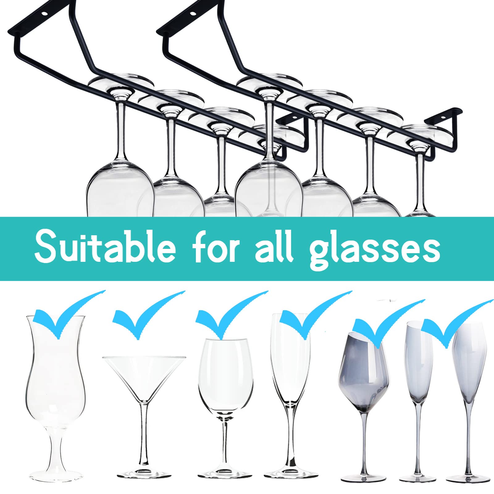 4-Piece Black Under Cabinet Wine Glass Rack - Stemware Holder with Drying Shelf | Space-Saving Metal Hanger for Kitchen, Bar & Dining Room Storage
