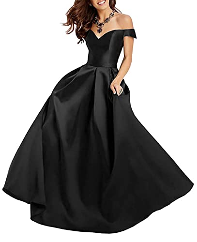 Evabirdal Women's Off The Shoulder Prom Dresses Long Satin Formal Evening Gown with Pockets - Elegant Homecoming, Wedding Guest & Special Occasion Dress