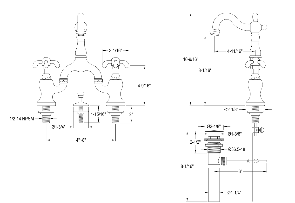 Premium European Bridge Bathroom Faucet with Pop-Up Drain and Spoke Handles - Modern Matte Black Finish for Vanity Sinks, Powder Rooms & Guest Bathrooms