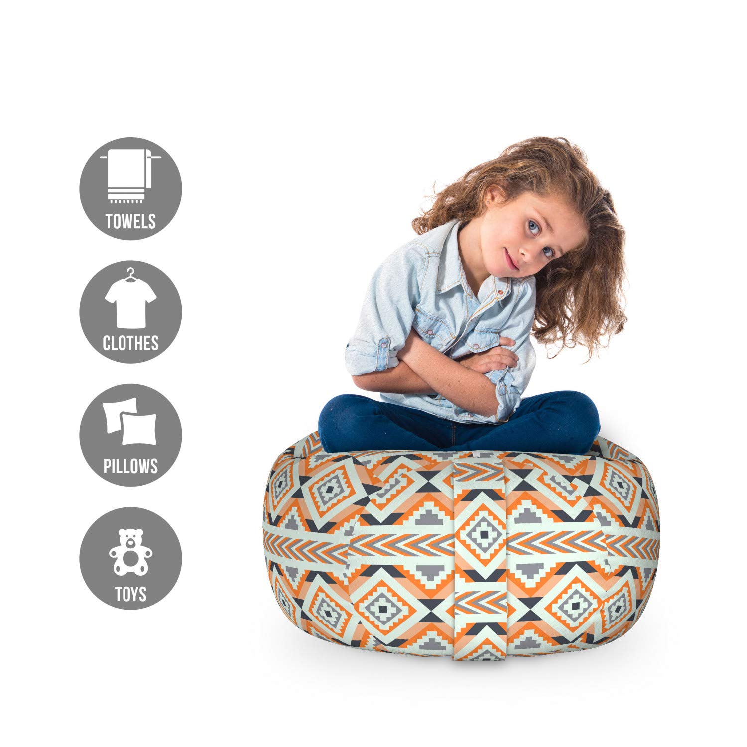Ambesonne Geometric Storage Toy Bag Chair - Washable Stuffed Animal Organizer with Conceptual Arrow Pattern, Small Size in Orange & Grey - Perfect for Kids' Room, Playroom, and Toy Storage Organization