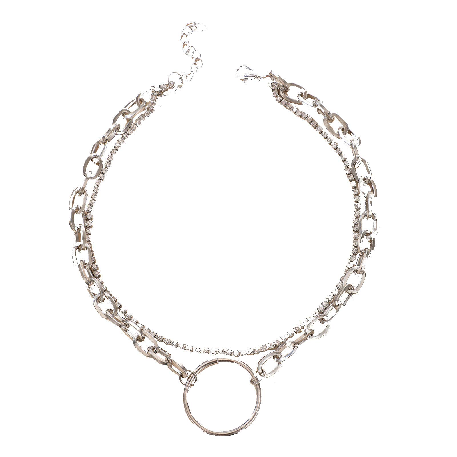 Stylish Punk Diamond Clavicle Chain Necklace for Women - Thick Metal Circle Pendant Set, Trendy Personality Jewelry Gift for Girls (Birthday, Christmas) - Perfect for Parties, Dating & Casual Wear (Size B, One Size)