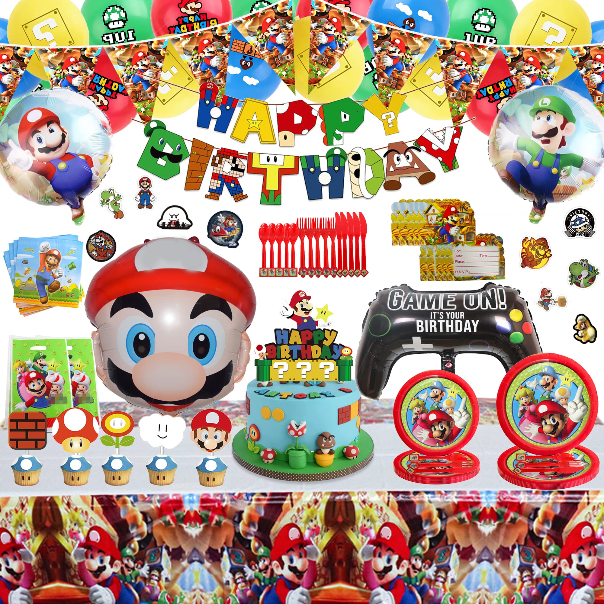 209Pcs Super Mario Bros Birthday Party Decorations Kit - Includes Banners, Balloons, Pennants, Plates, Tablecloths, Invitation Cards, Gift Bags & Stickers - Perfect for Kids Birthday Party Decorations & Themed Celebrations