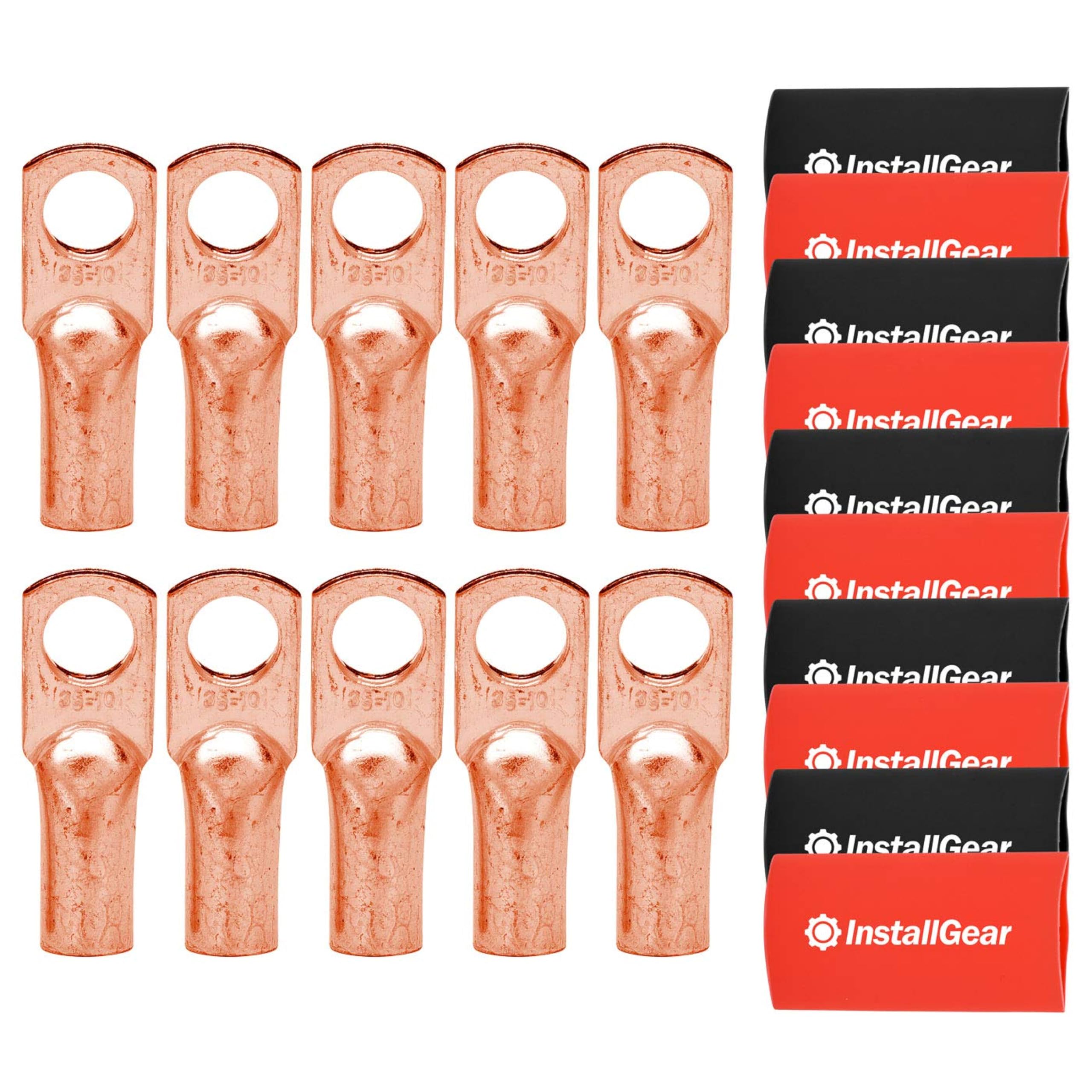 InstallGear 4 Gauge AWG Pure Copper Ring Terminals with Heat Shrink (10 Pack) - Heavy Duty Electrical Connectors for Car Audio, Marine, Solar & Battery Wiring - Secure 4 Gauge Wire Terminals for Reliable Power Connections