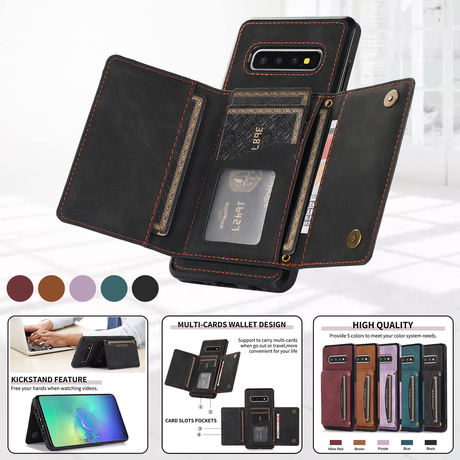 Premium Wallet Phone Case for Samsung Galaxy S10 Plus - Shockproof Protective Cover with Built-in Card Holder & Tempered Glass Screen Protector - Slim Stand Case for Men & Women (Black) - Perfect for Work, Travel & Everyday Use