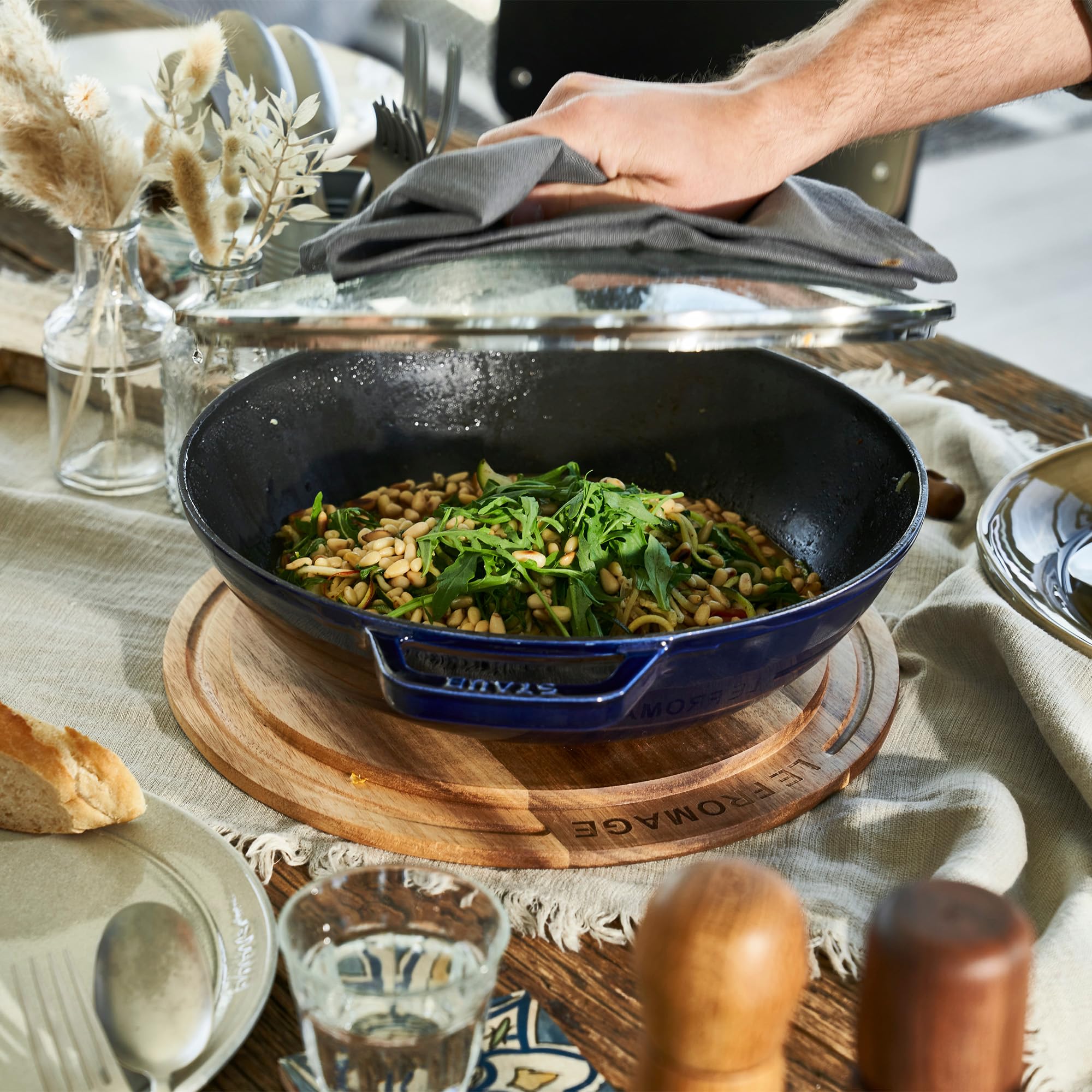 Premium Staub Cast Iron 4.5-Quart Dutch Oven & Wok Pan Set - French-Made Enameled Cookware for 4-5 People - Dark Blue Ceramic Coating - Perfect for Braising, Stewing & Family Cooking
